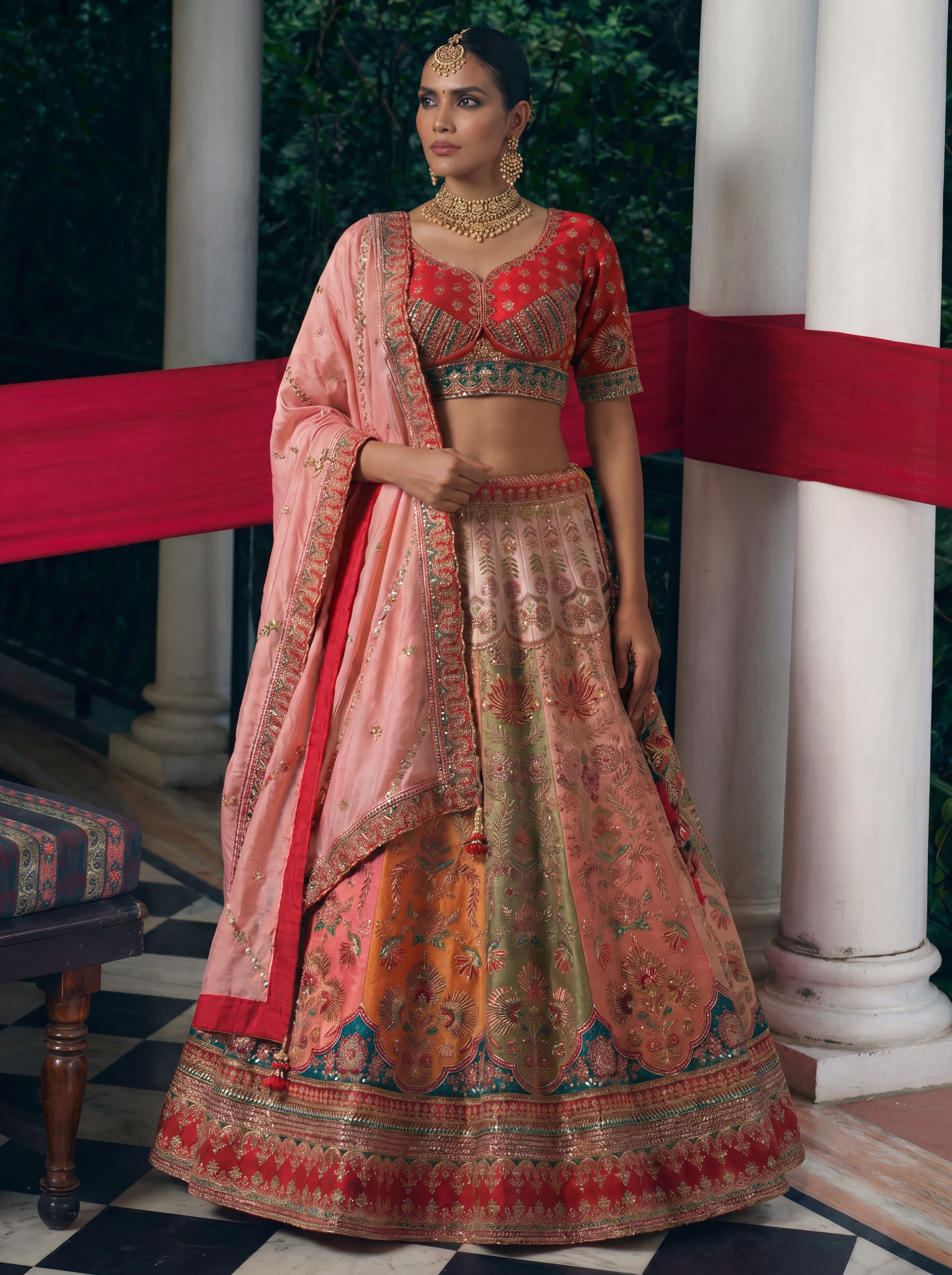 Coral Peach Viscose Sequins Cording Bridal Lehenga Choli Set