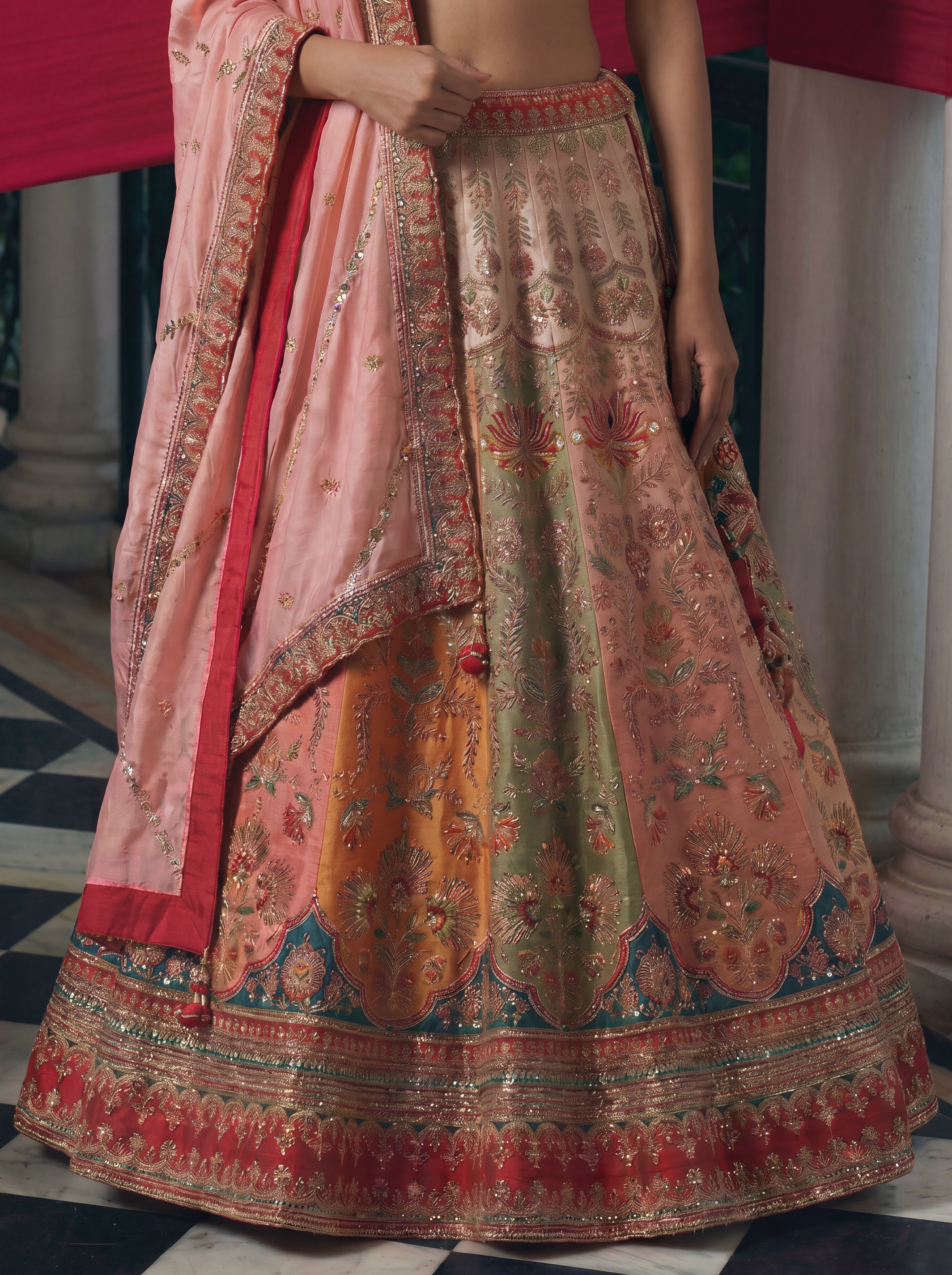 Coral Peach Viscose Sequins Cording Bridal Lehenga Choli Set