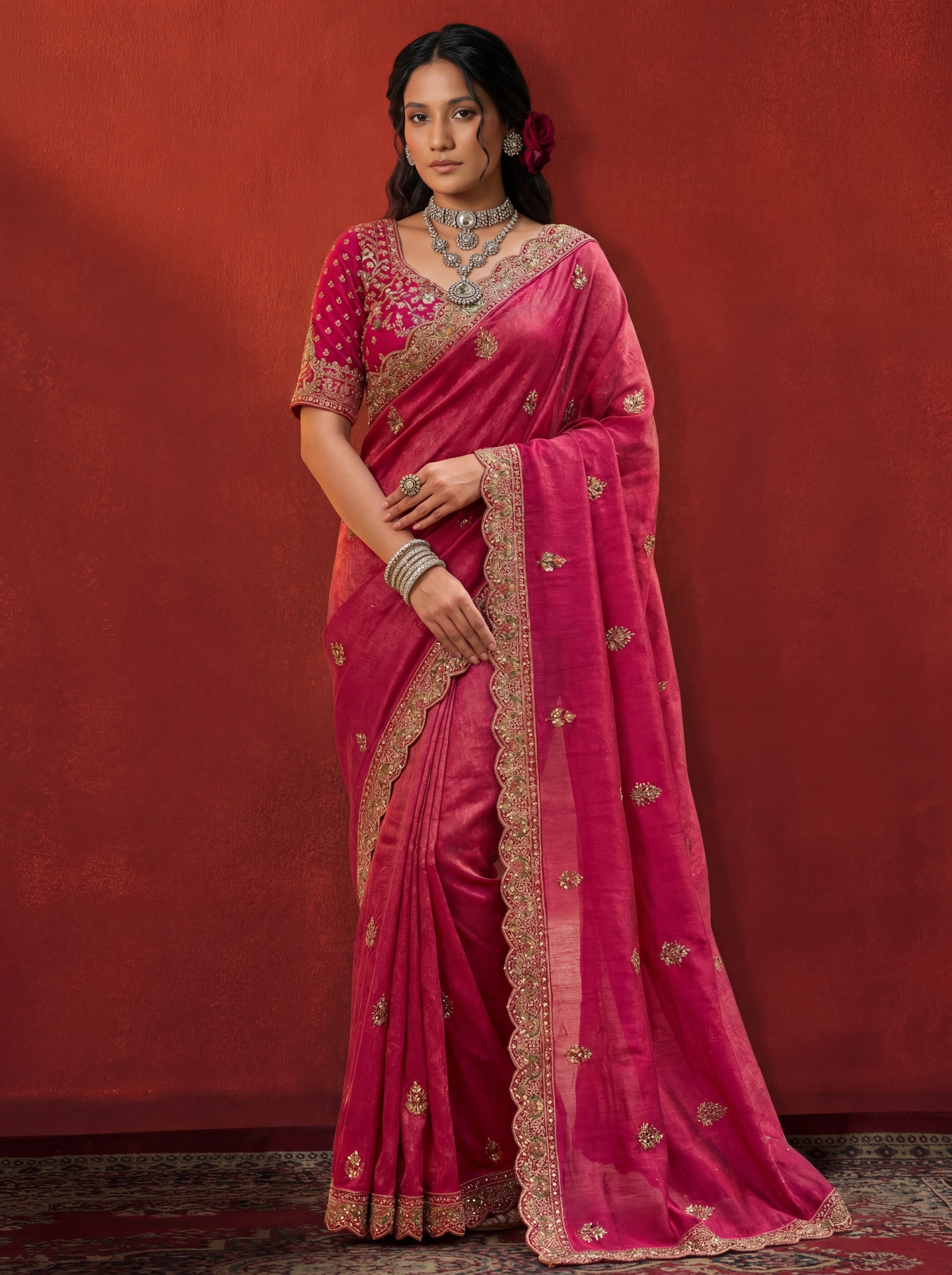 Deep Rose Tissue Embroidery Stone Sequins Handwork Bridal Saree