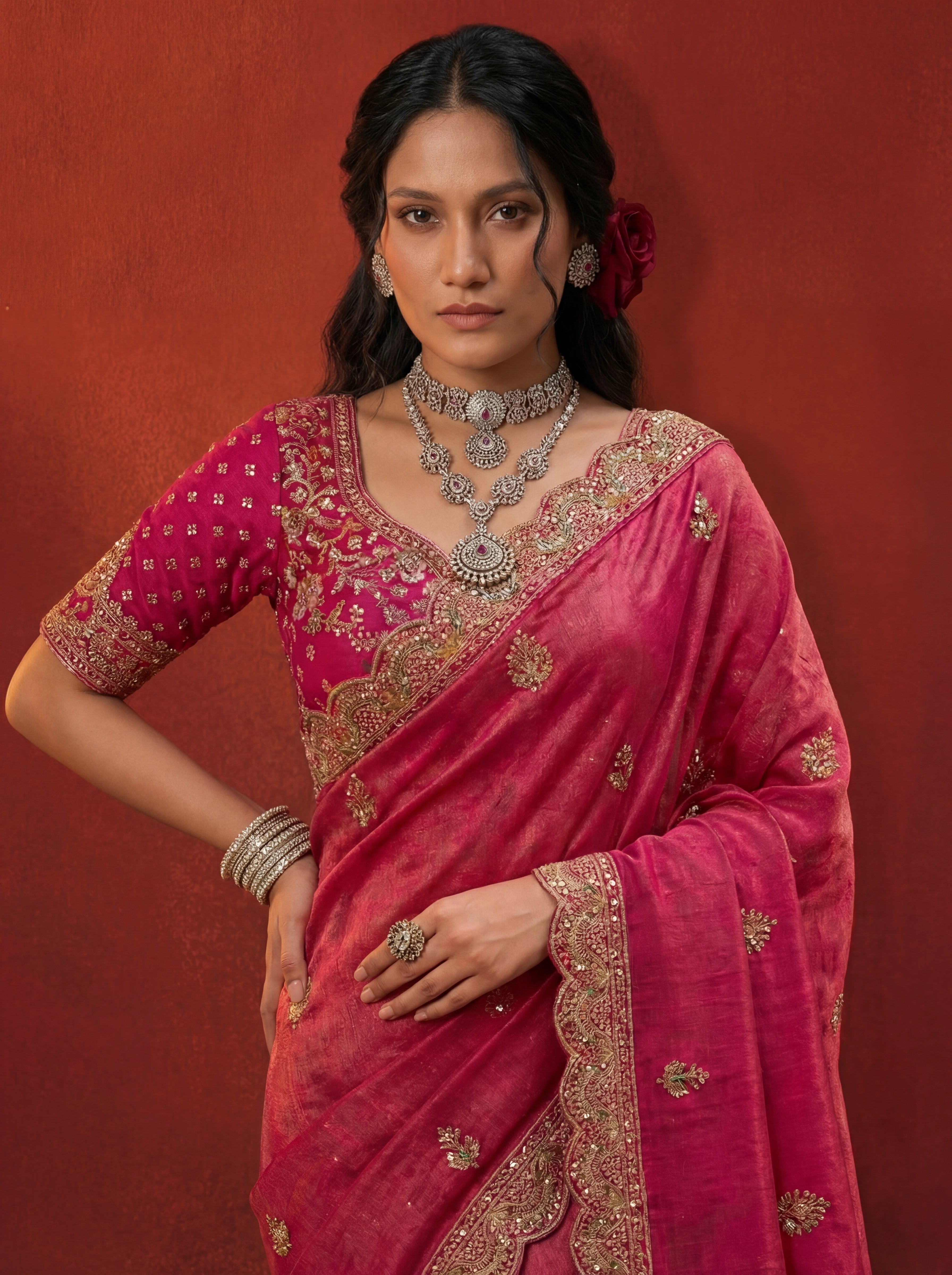 Deep Rose Tissue Embroidery Stone Sequins Handwork Bridal Saree
