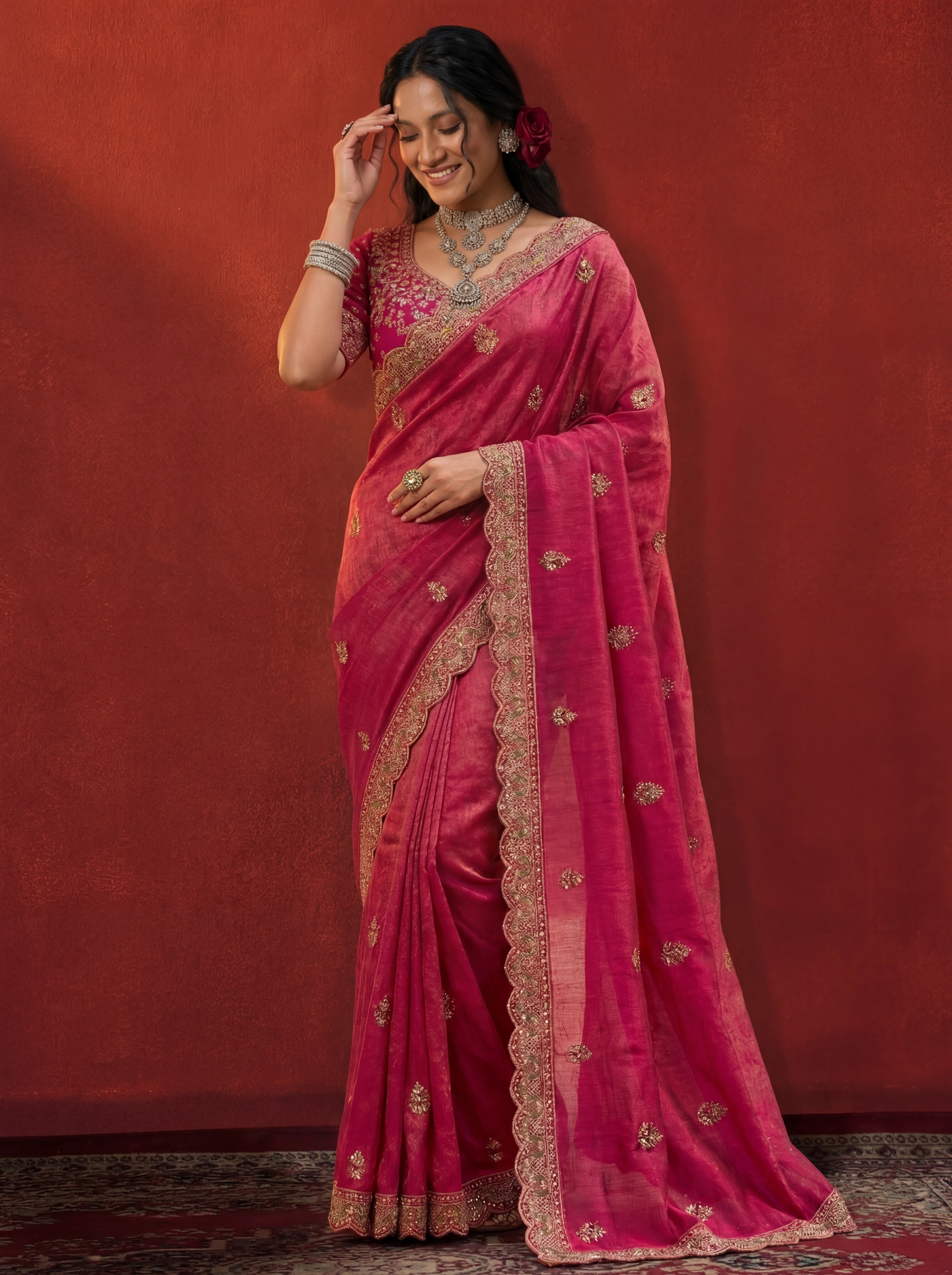 Deep Rose Tissue Embroidery Stone Sequins Handwork Bridal Saree