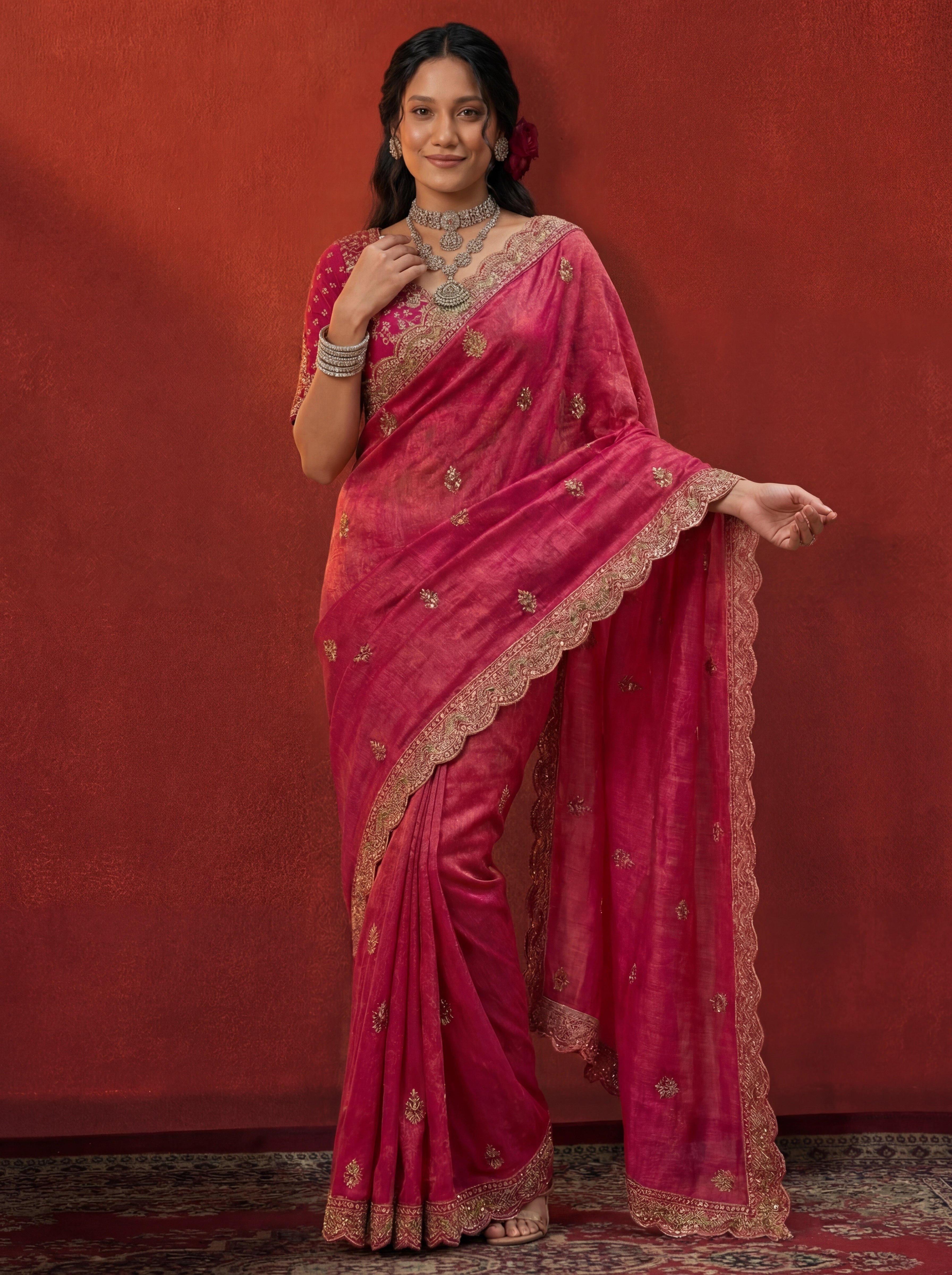 Deep Rose Tissue Embroidery Stone Sequins Handwork Bridal Saree