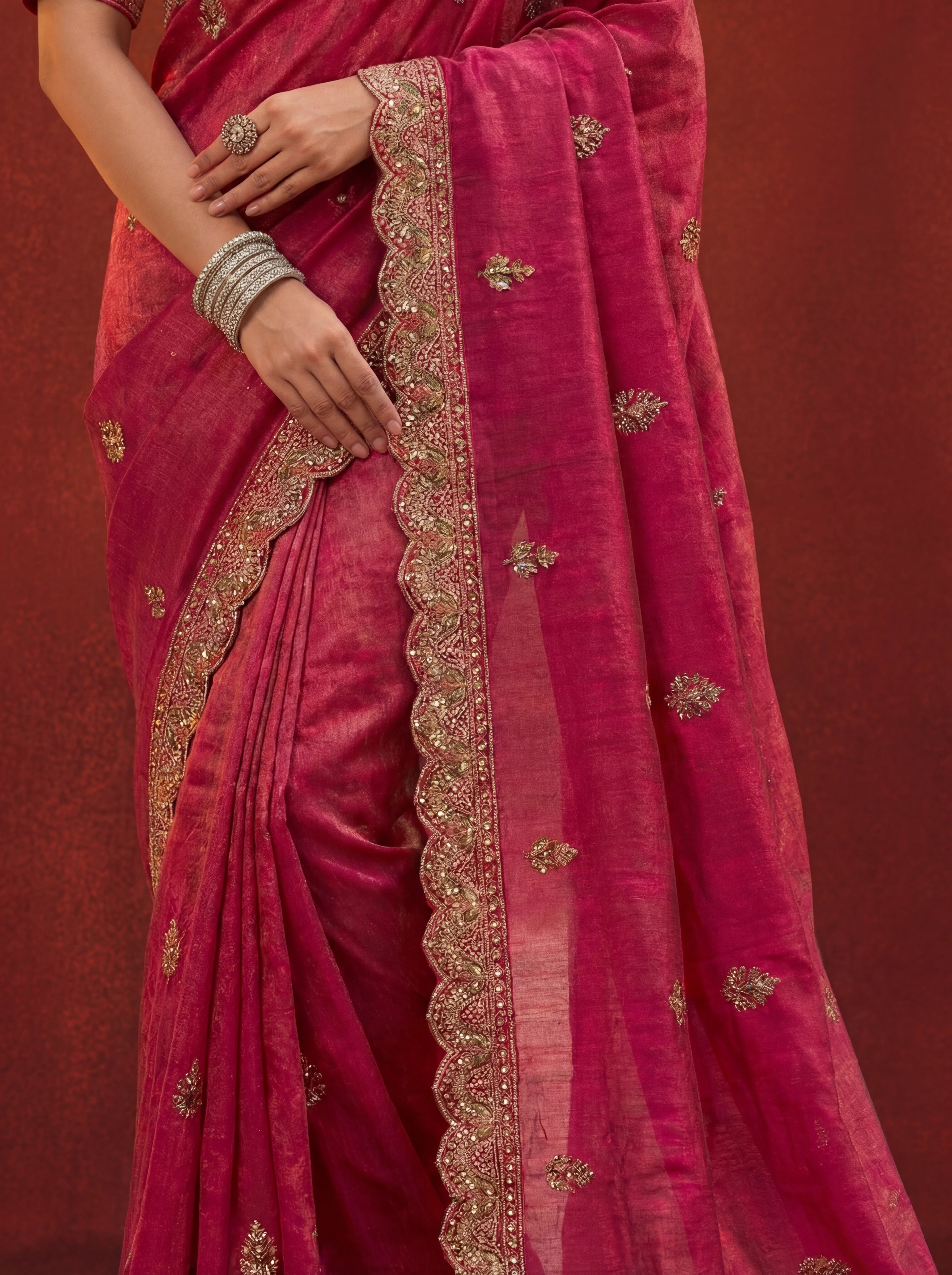 Deep Rose Tissue Embroidery Stone Sequins Handwork Bridal Saree