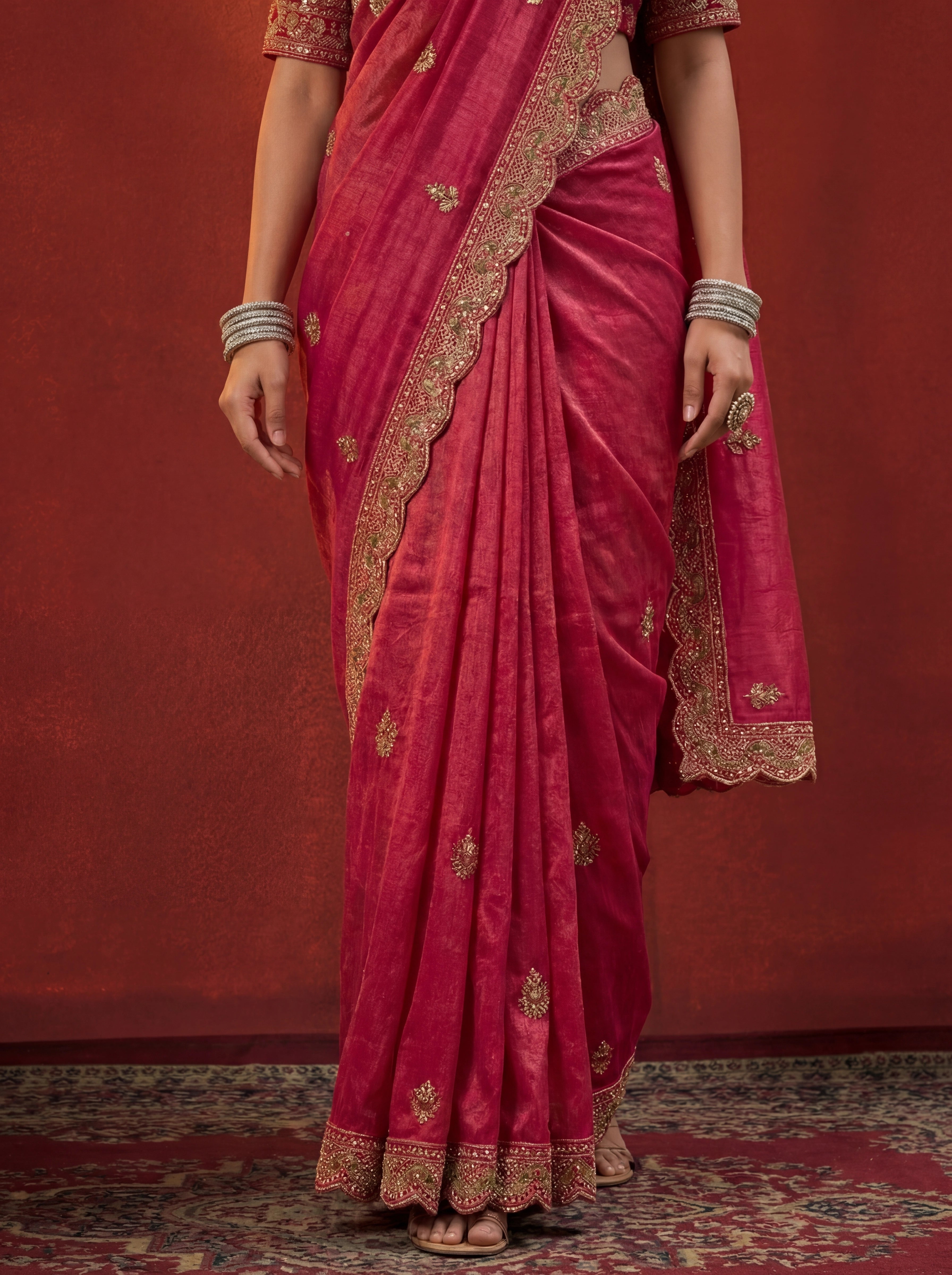 Deep Rose Tissue Embroidery Stone Sequins Handwork Bridal Saree
