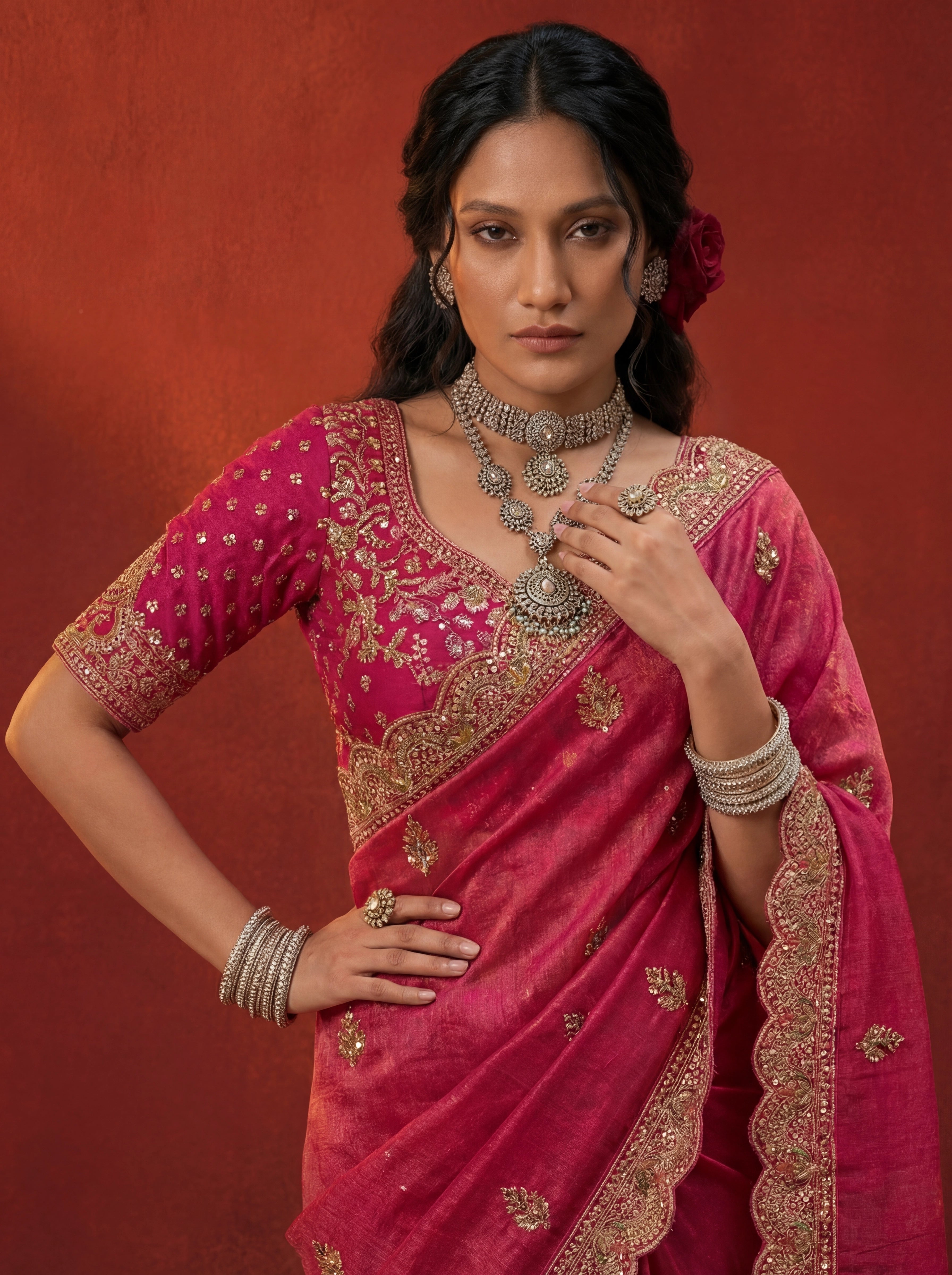 Deep Rose Tissue Embroidery Stone Sequins Handwork Bridal Saree