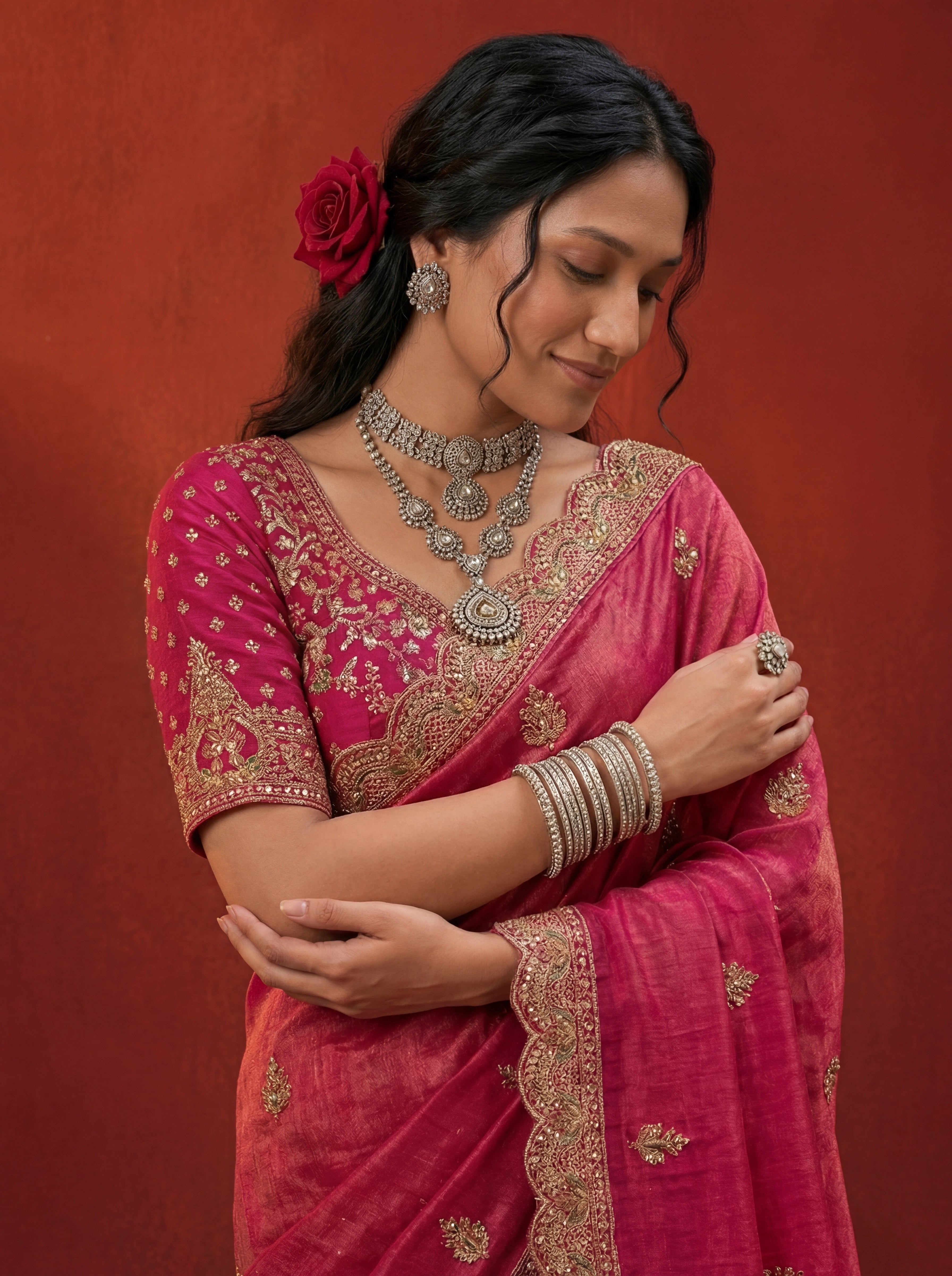 Deep Rose Tissue Embroidery Stone Sequins Handwork Bridal Saree