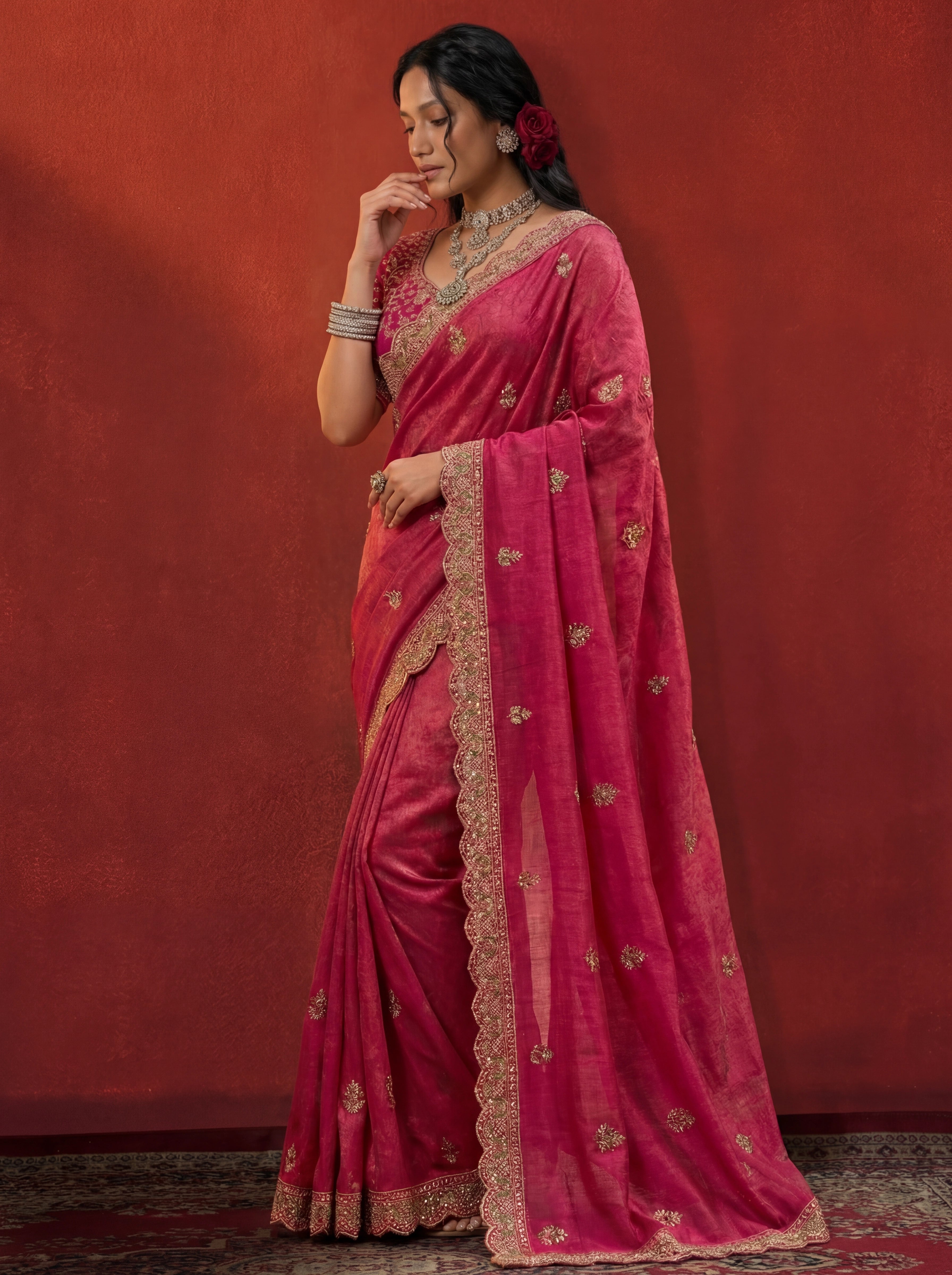 Deep Rose Tissue Embroidery Stone Sequins Handwork Bridal Saree