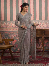 Steel Grey Net Embroidery Sequins Beads Bridal Saree