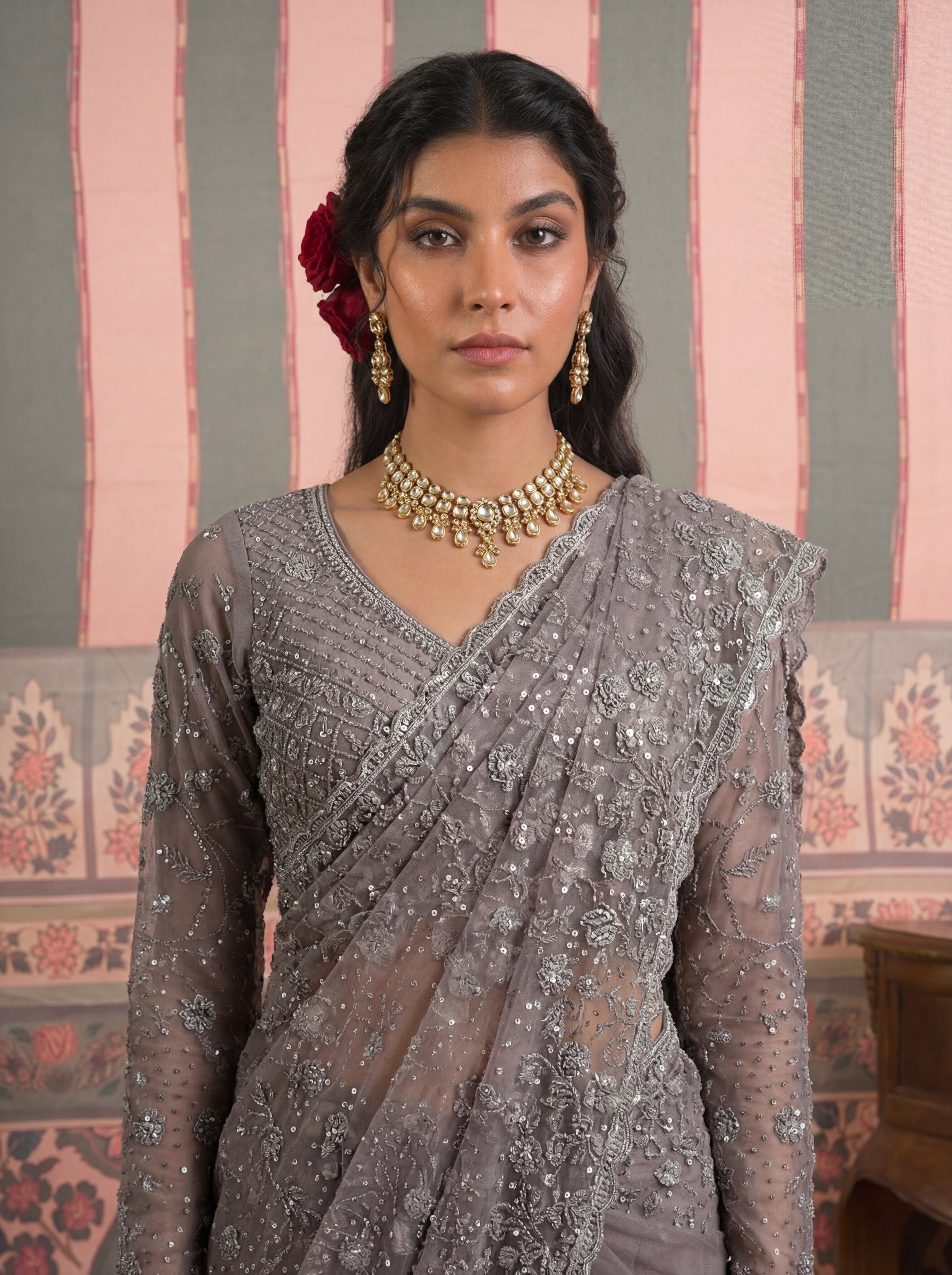 Steel Grey Net Embroidery Sequins Beads Bridal Saree