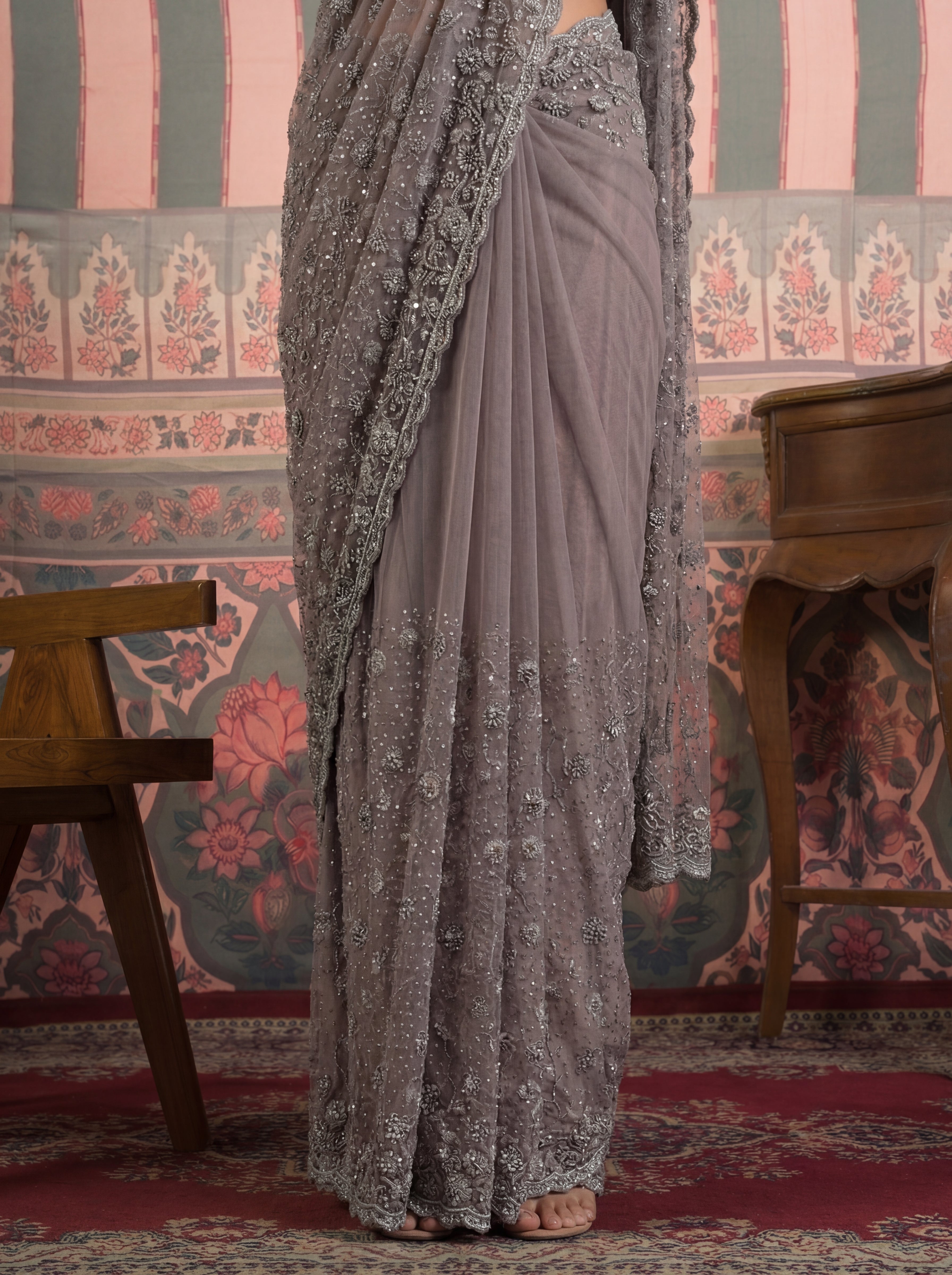 Steel Grey Net Embroidery Sequins Beads Bridal Saree