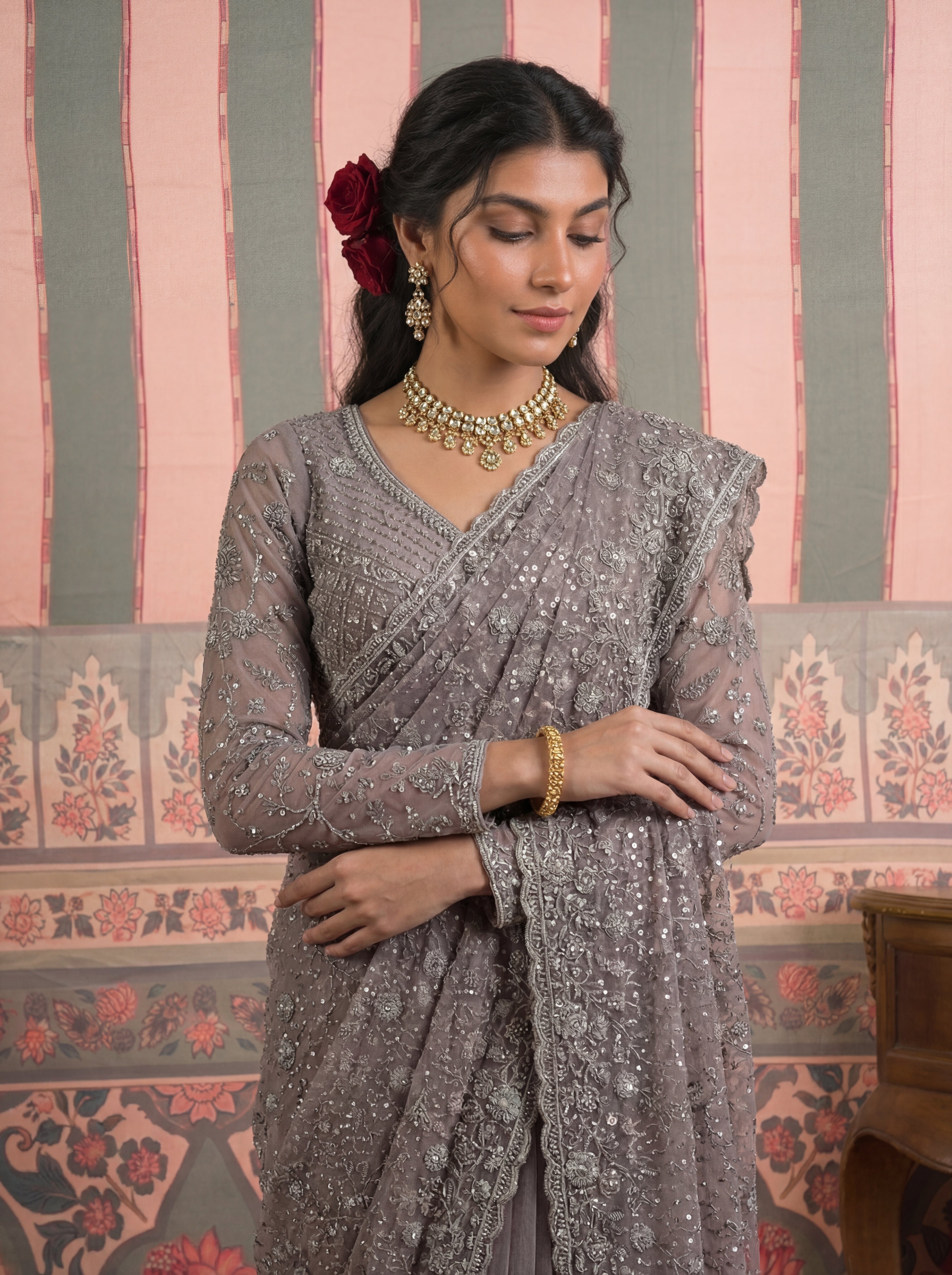 Steel Grey Net Embroidery Sequins Beads Bridal Saree