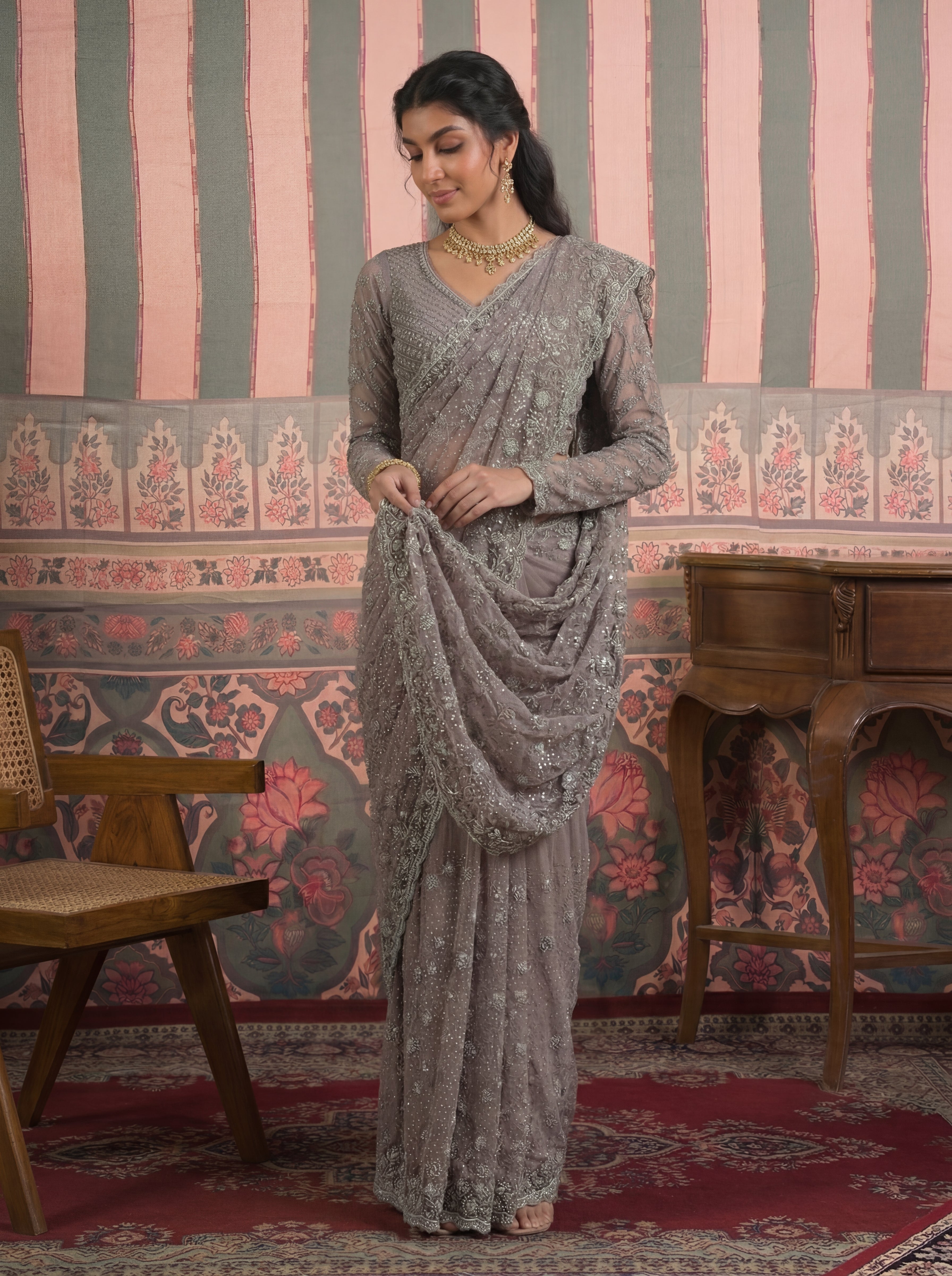 Steel Grey Net Embroidery Sequins Beads Bridal Saree