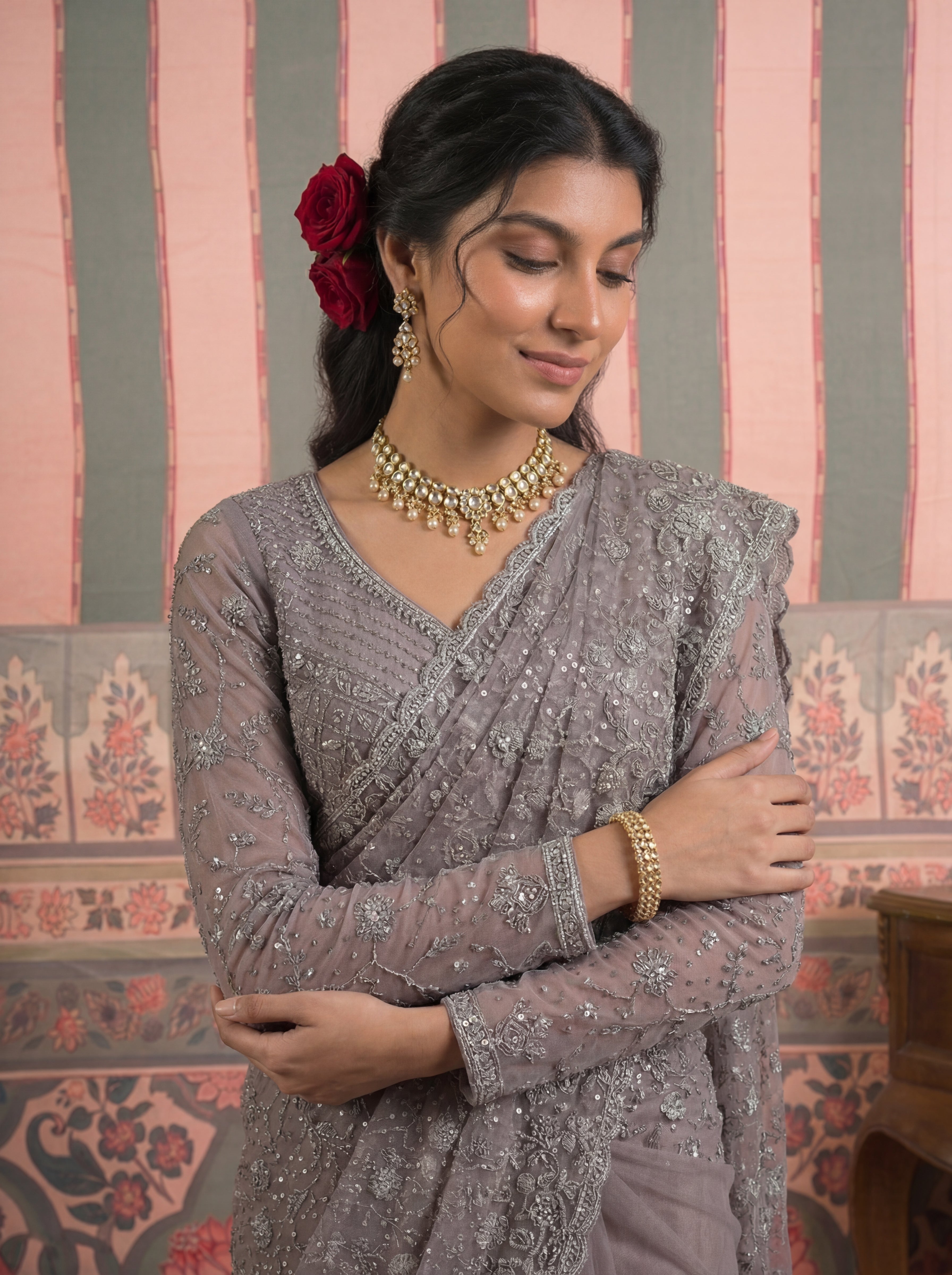 Steel Grey Net Embroidery Sequins Beads Bridal Saree