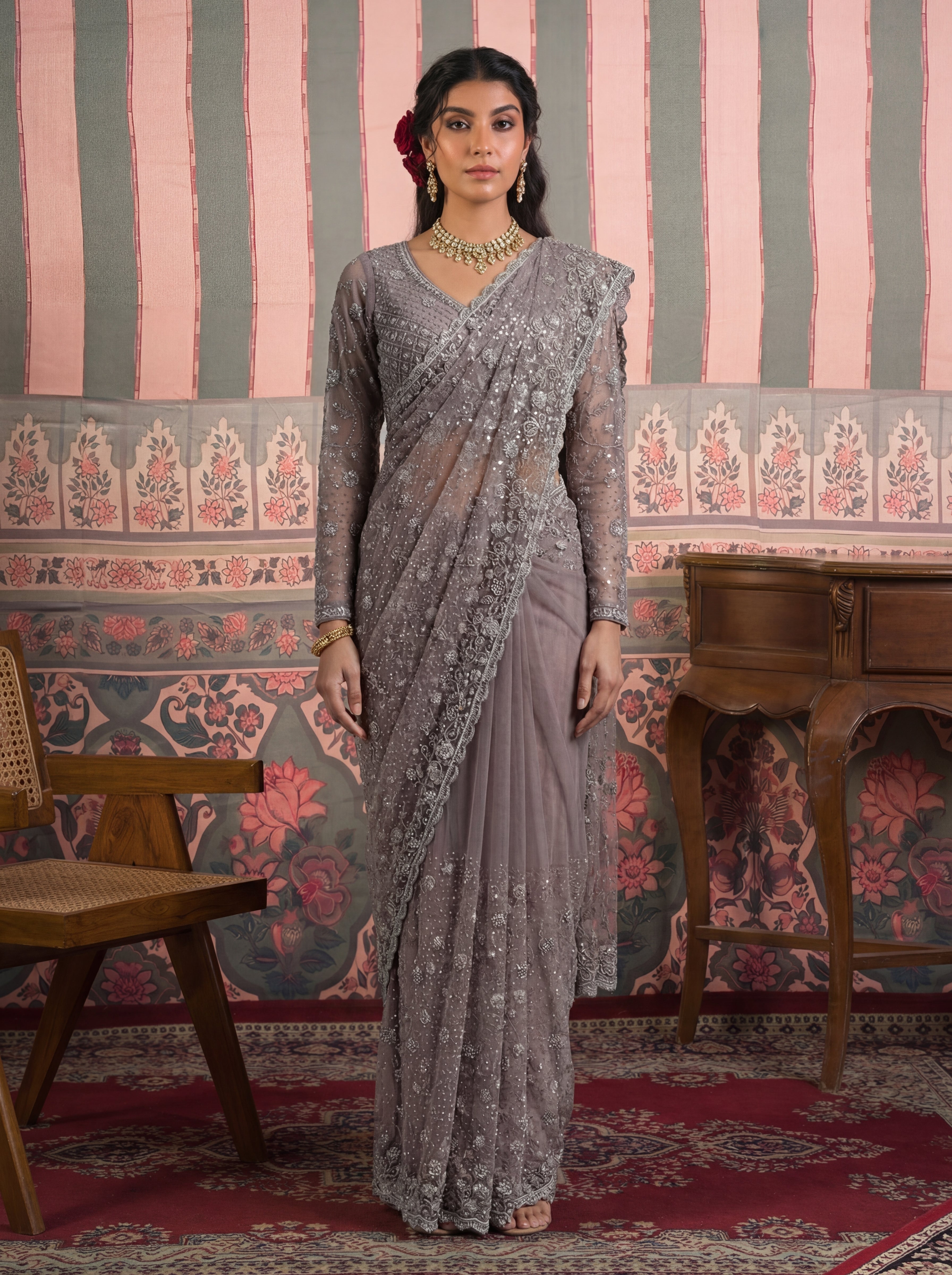 Steel Grey Net Embroidery Sequins Beads Bridal Saree