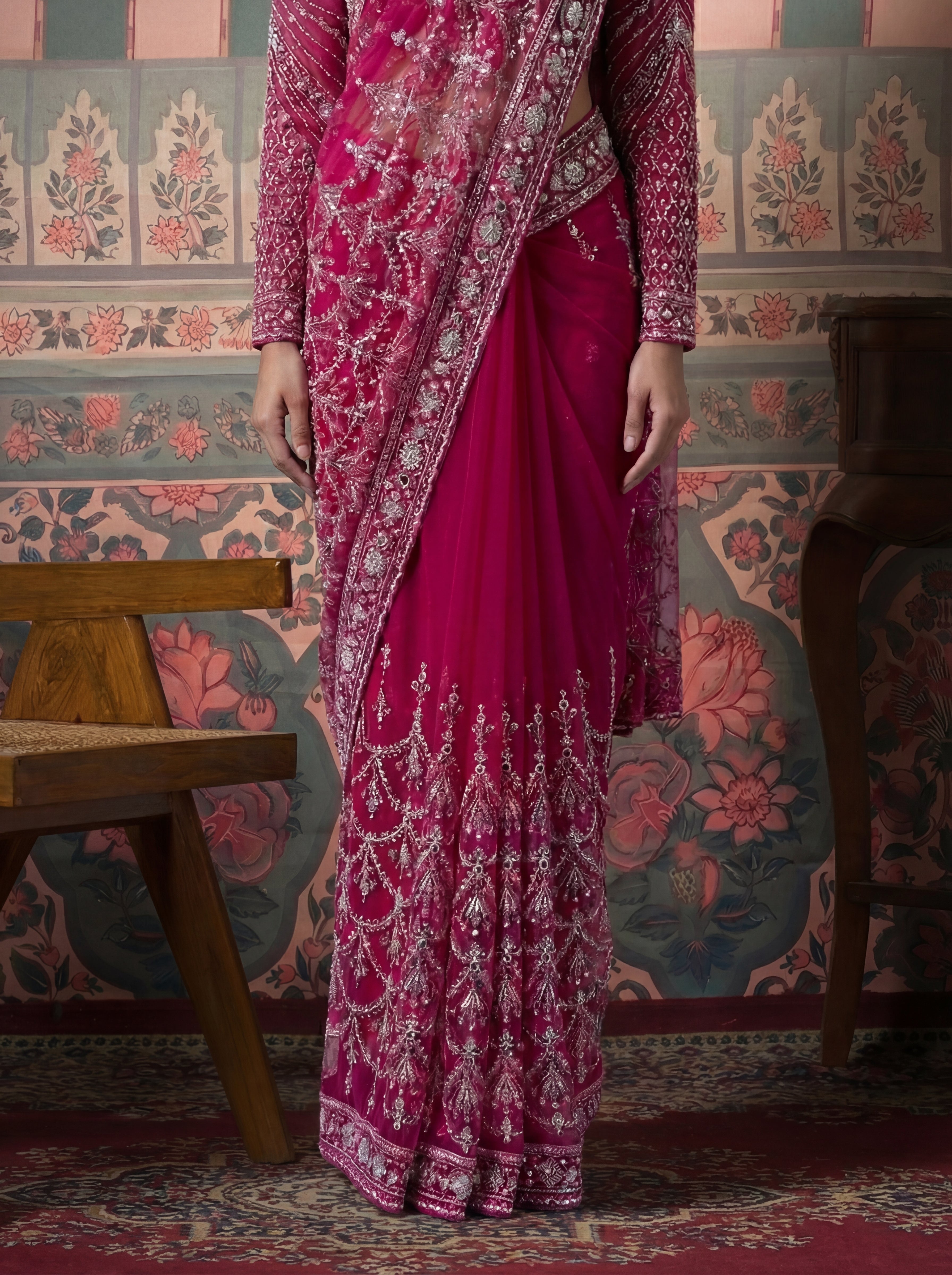 Magenta Pink Net Embroidery Sequins Beads Bridal Saree