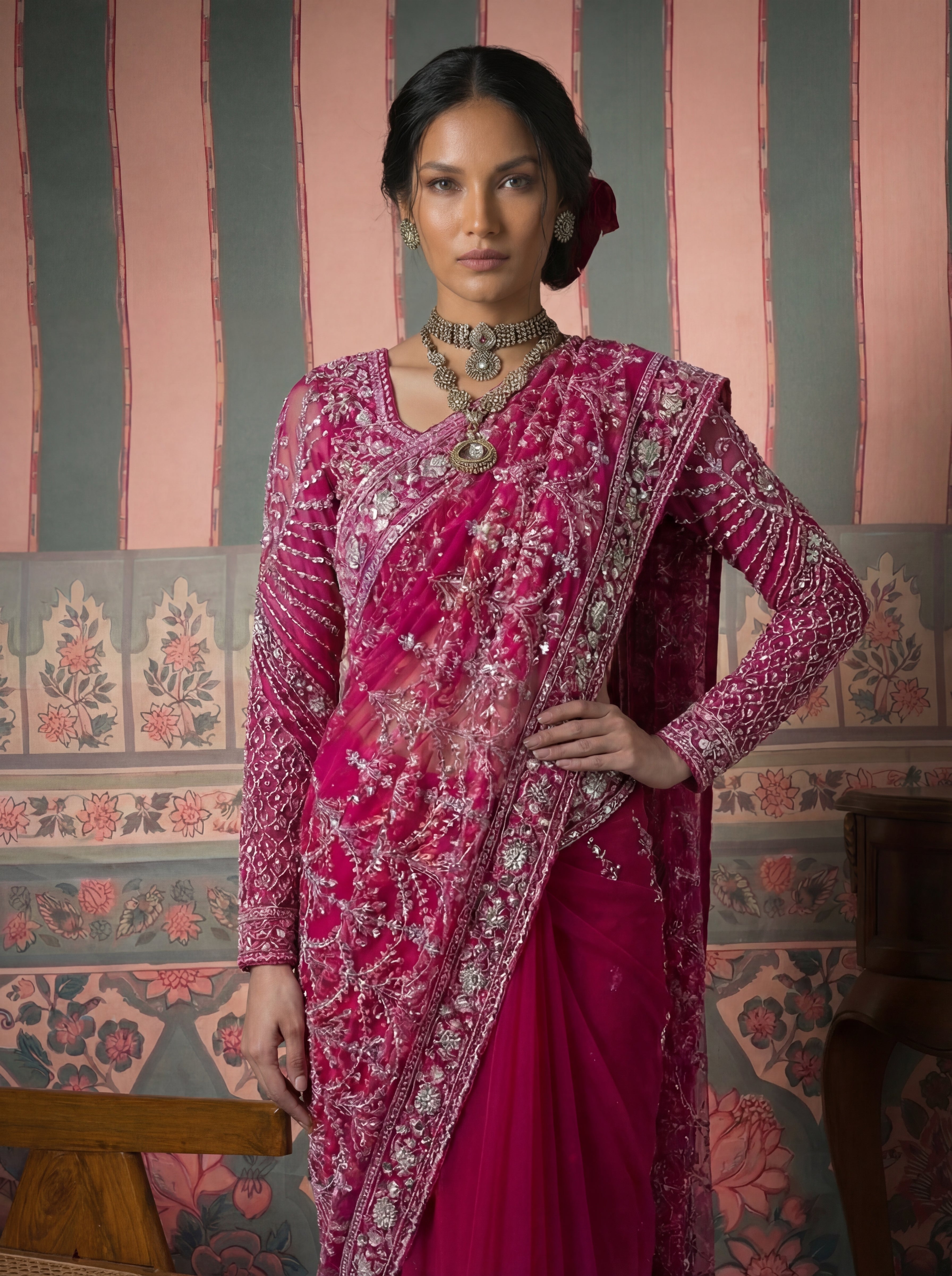 Magenta Pink Net Embroidery Sequins Beads Bridal Saree