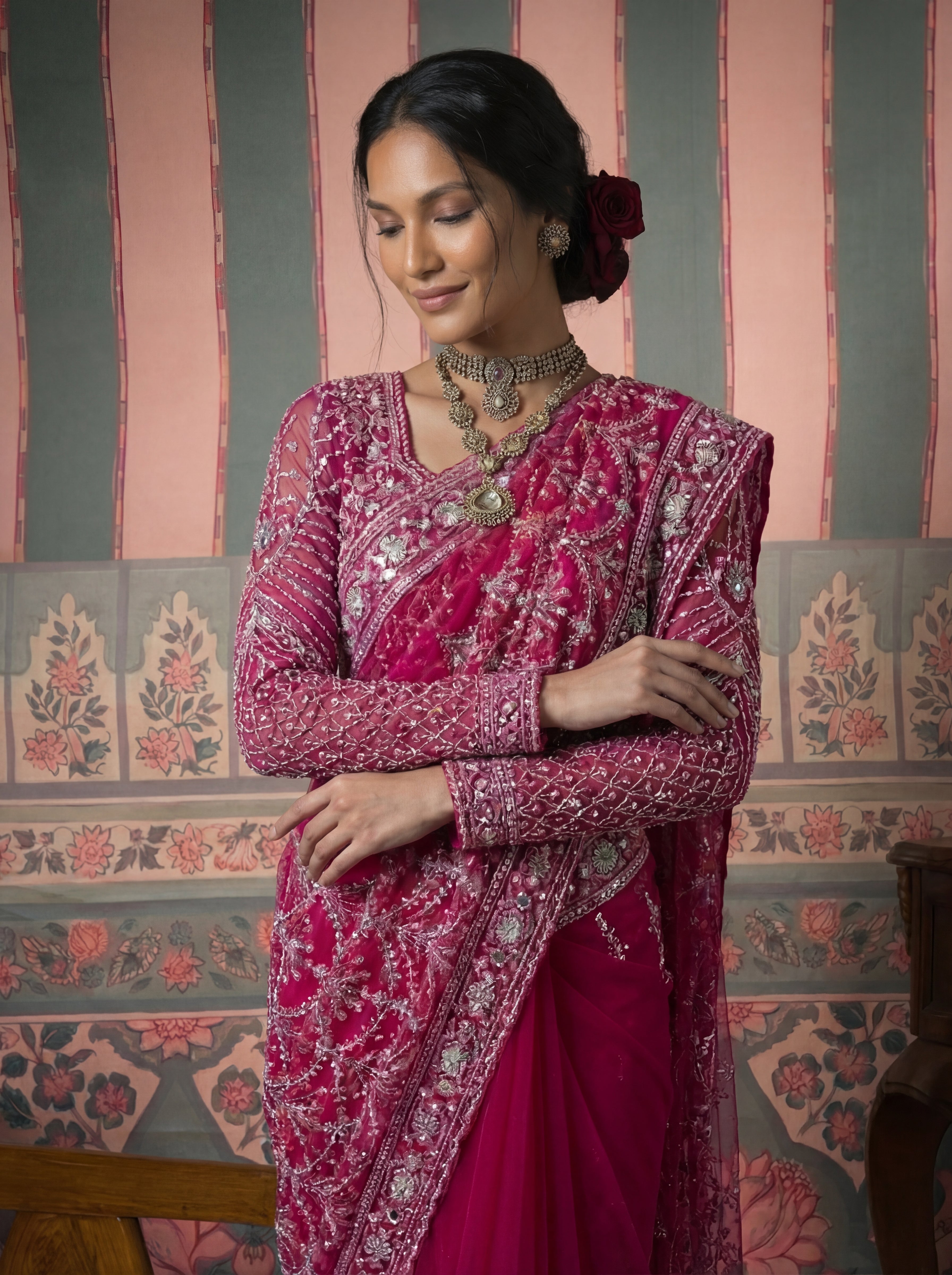 Magenta Pink Net Embroidery Sequins Beads Bridal Saree