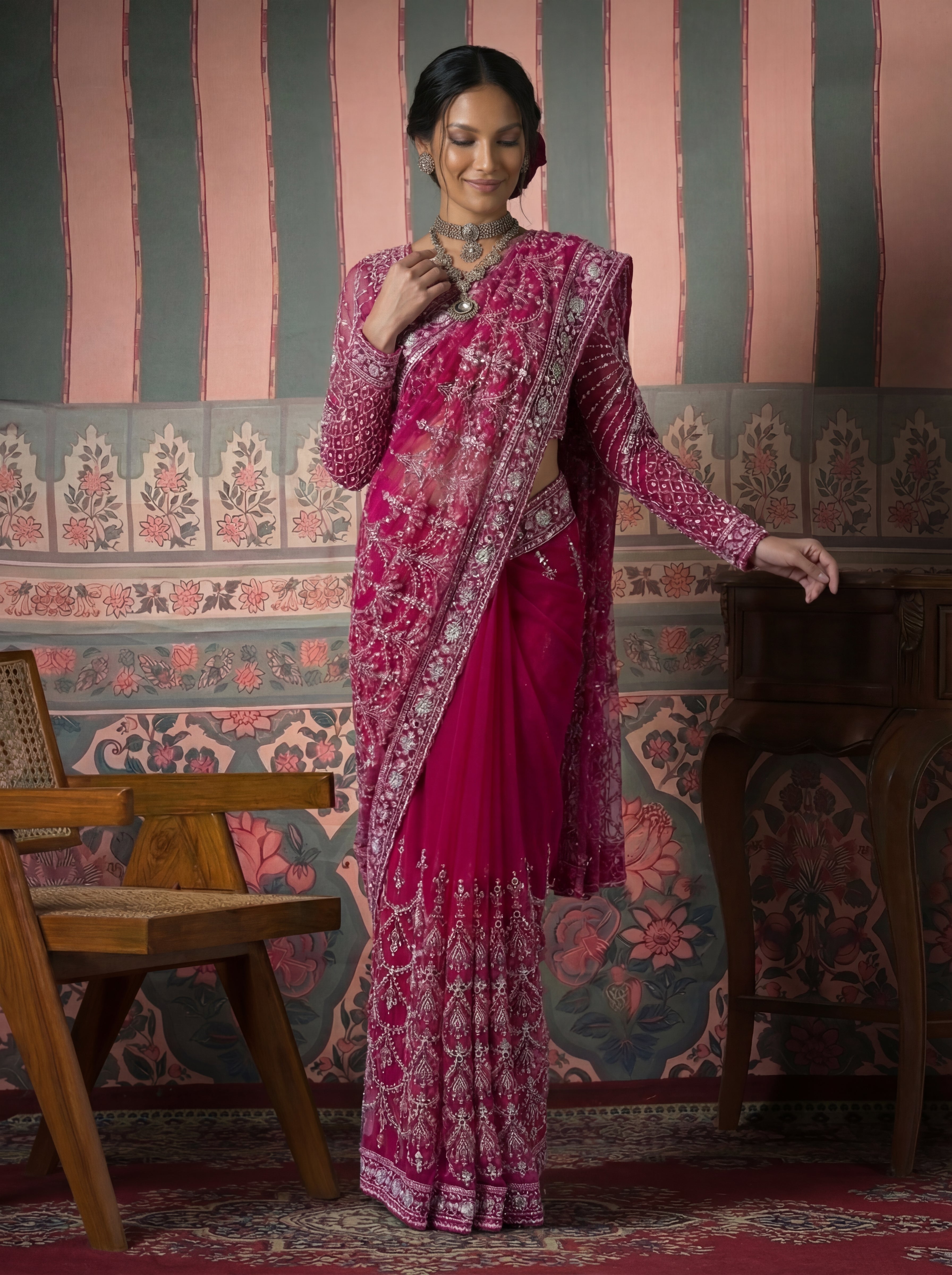 Magenta Pink Net Embroidery Sequins Beads Bridal Saree