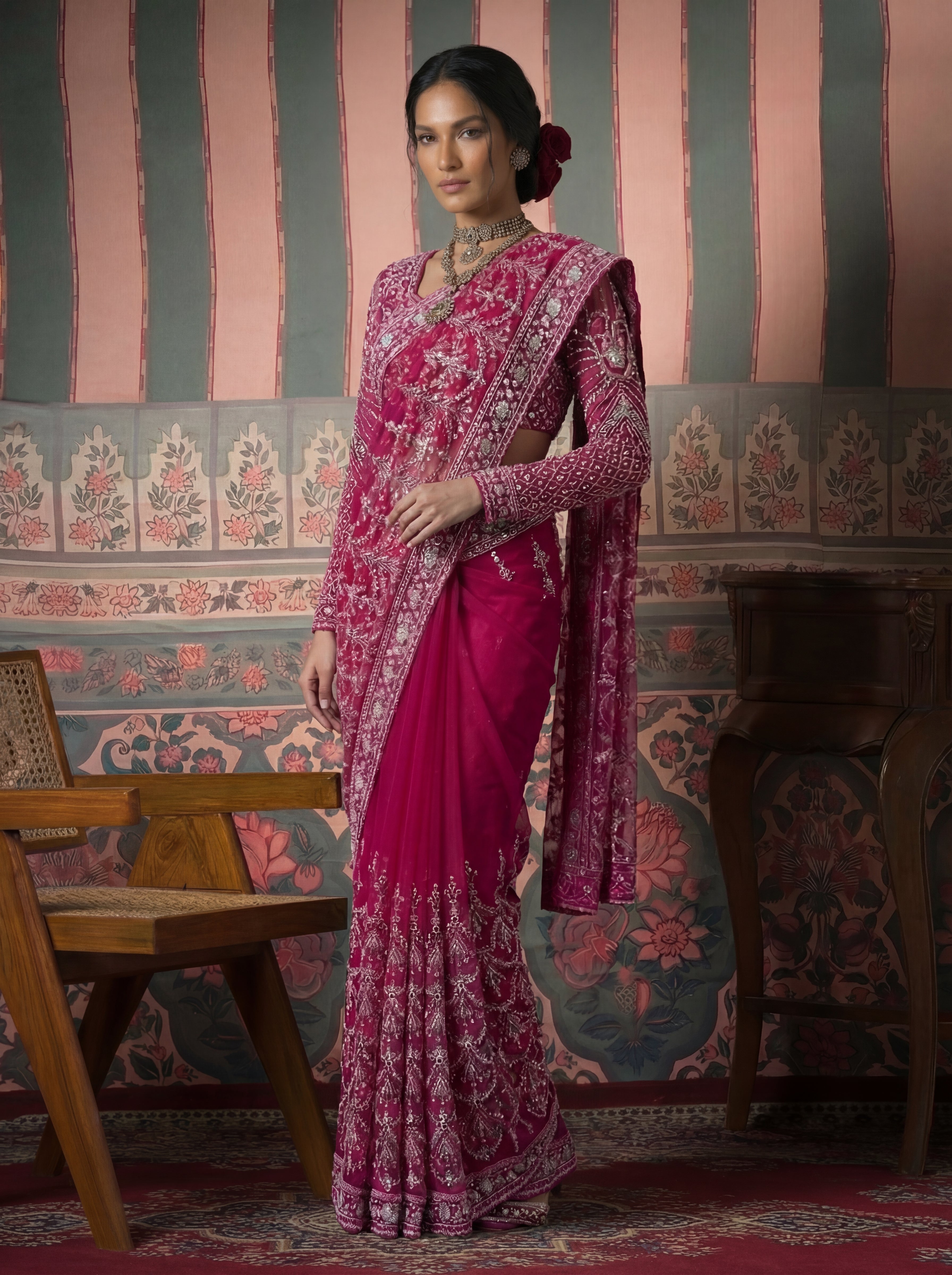 Magenta Pink Net Embroidery Sequins Beads Bridal Saree