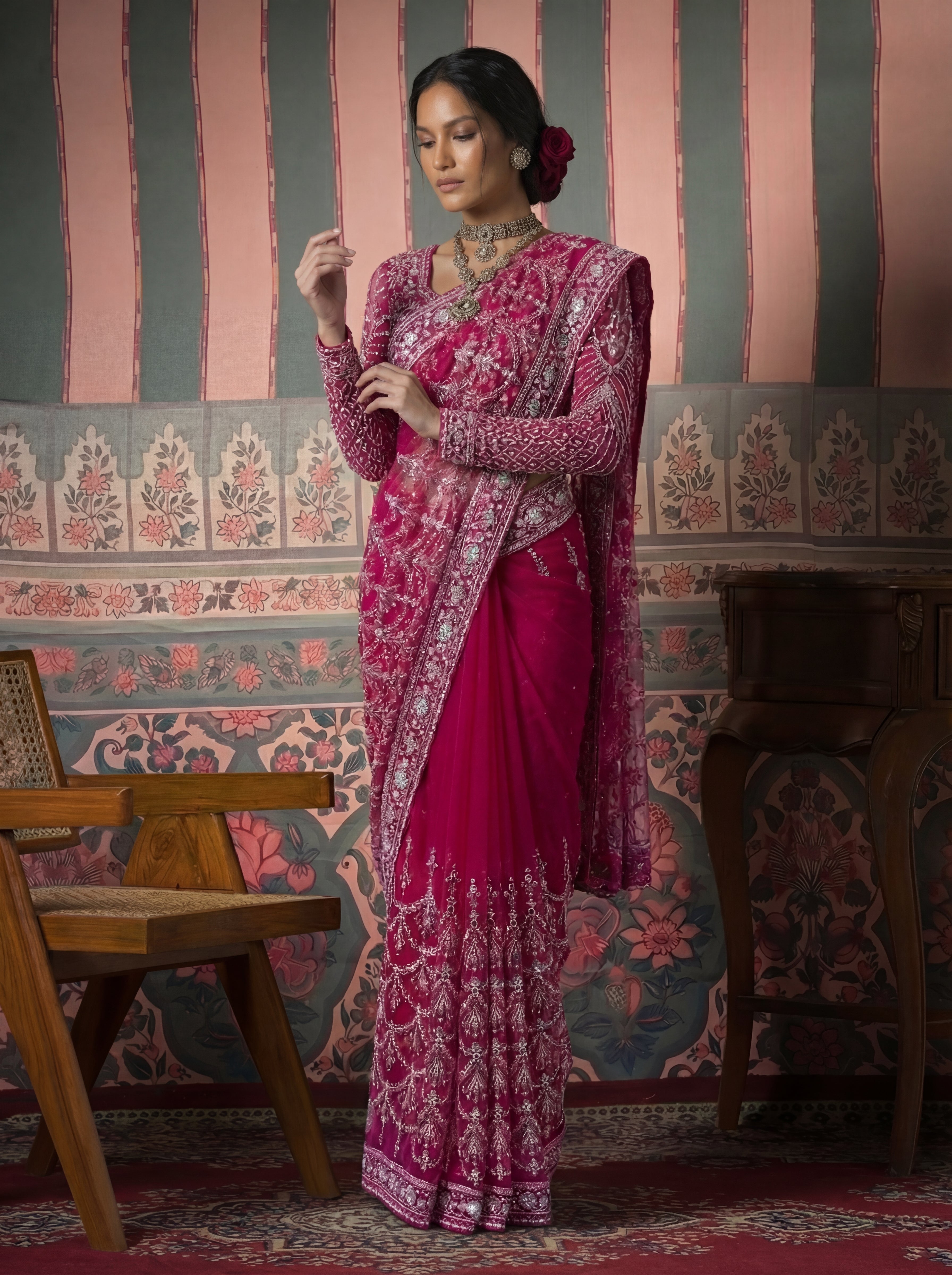 Magenta Pink Net Embroidery Sequins Beads Bridal Saree