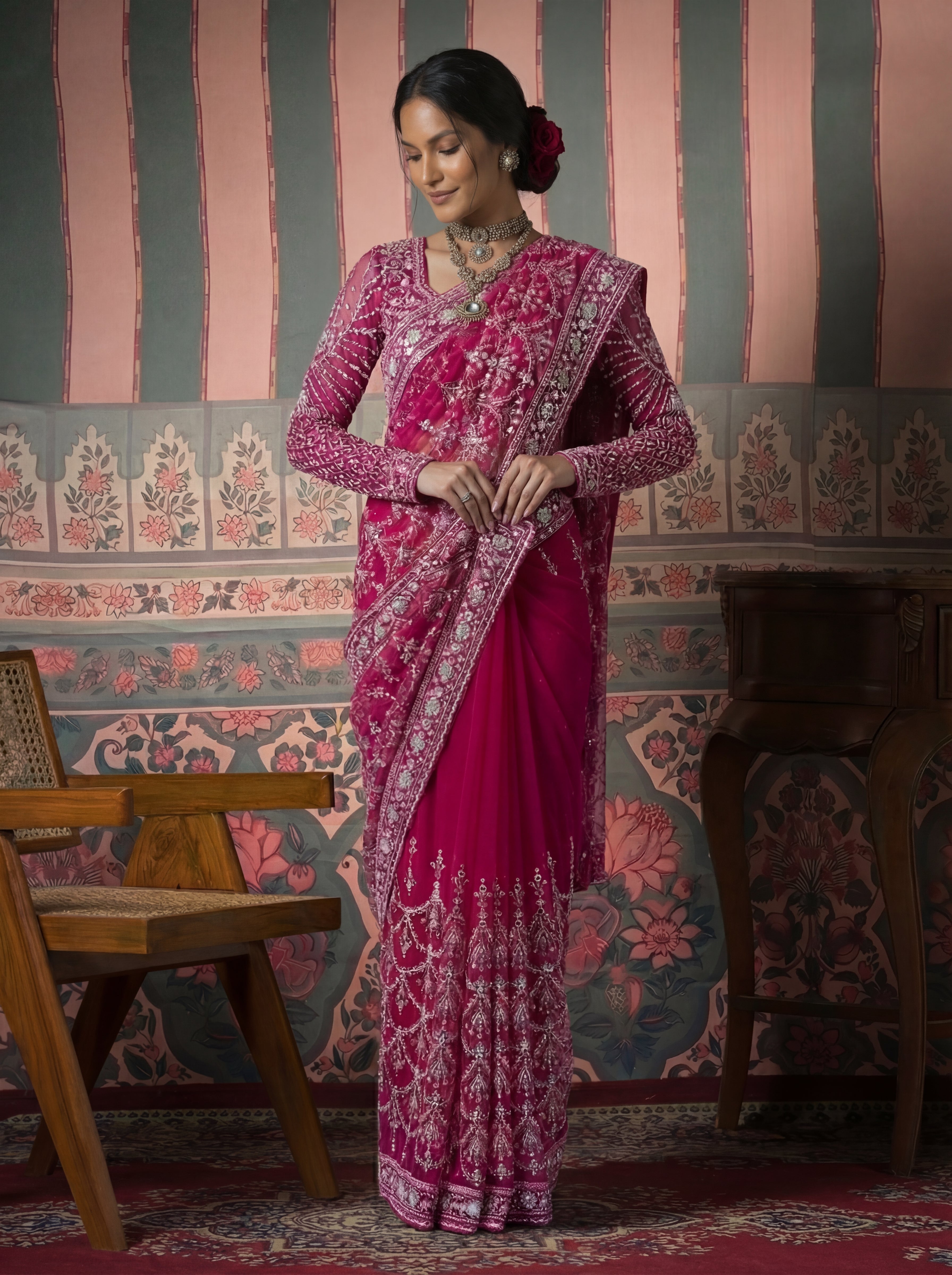 Magenta Pink Net Embroidery Sequins Beads Bridal Saree