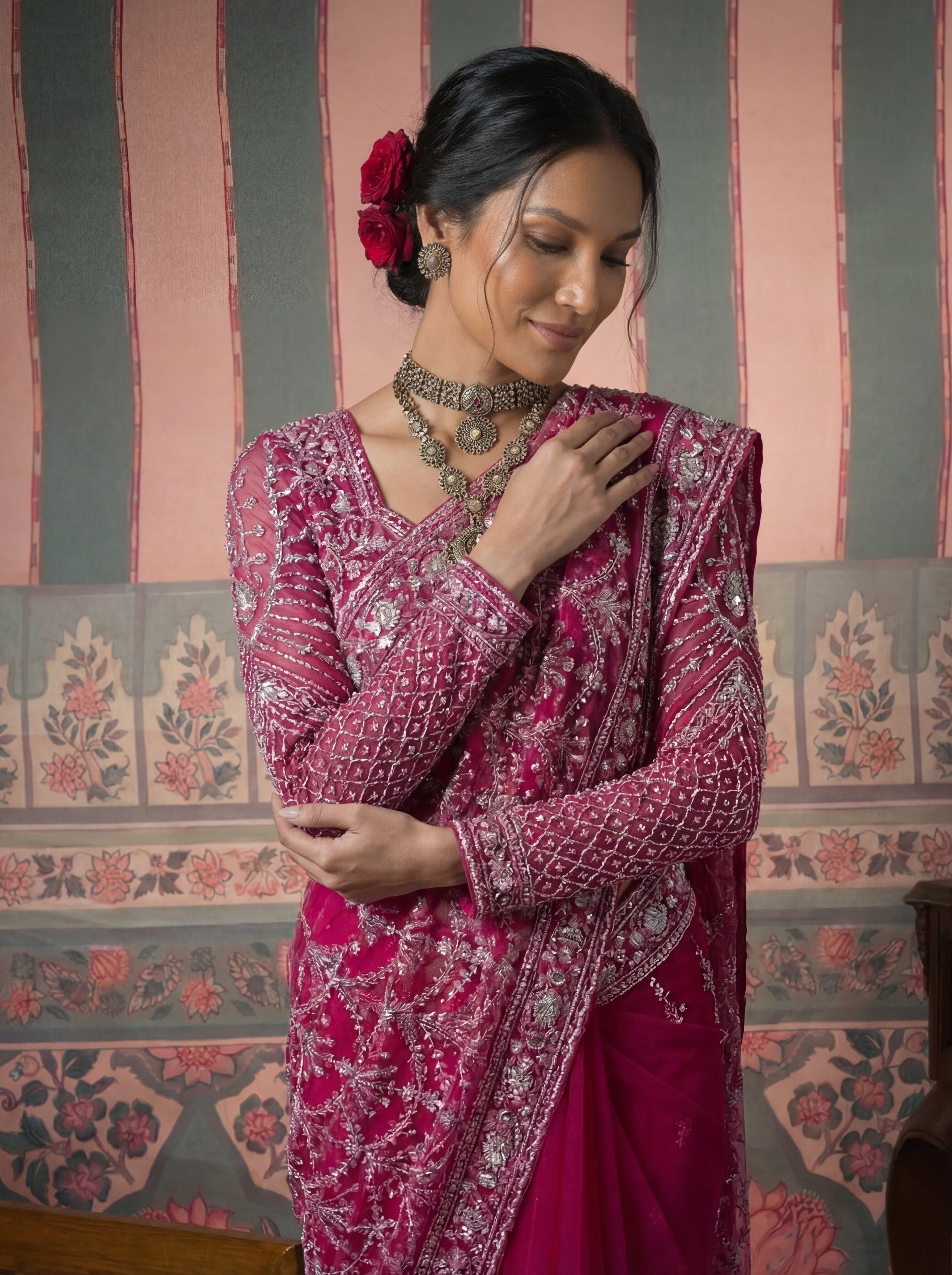Magenta Pink Net Embroidery Sequins Beads Bridal Saree