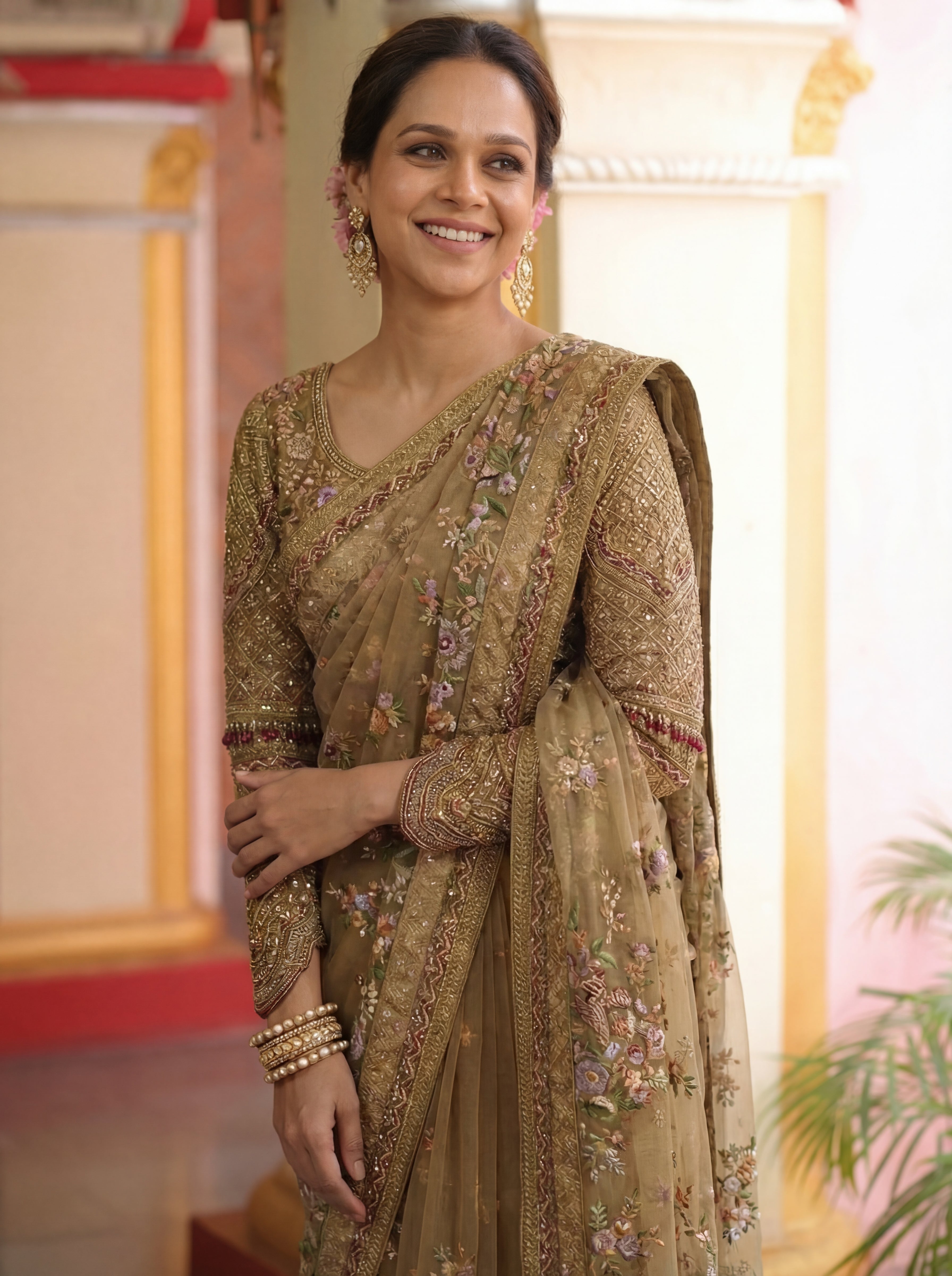 Antique Gold Net Embroidery Sequins Handwork Bridal Saree