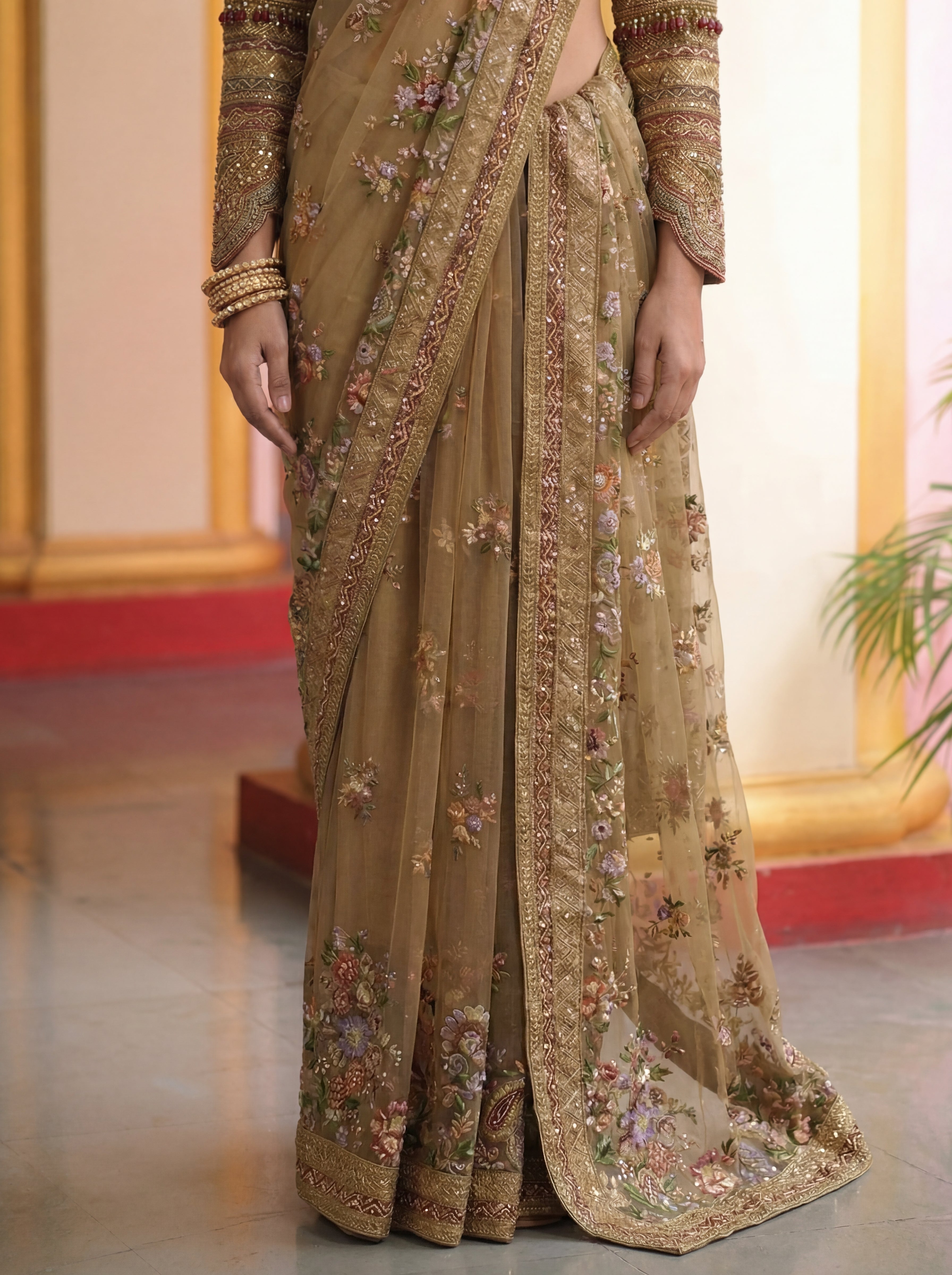 Antique Gold Net Embroidery Sequins Handwork Bridal Saree