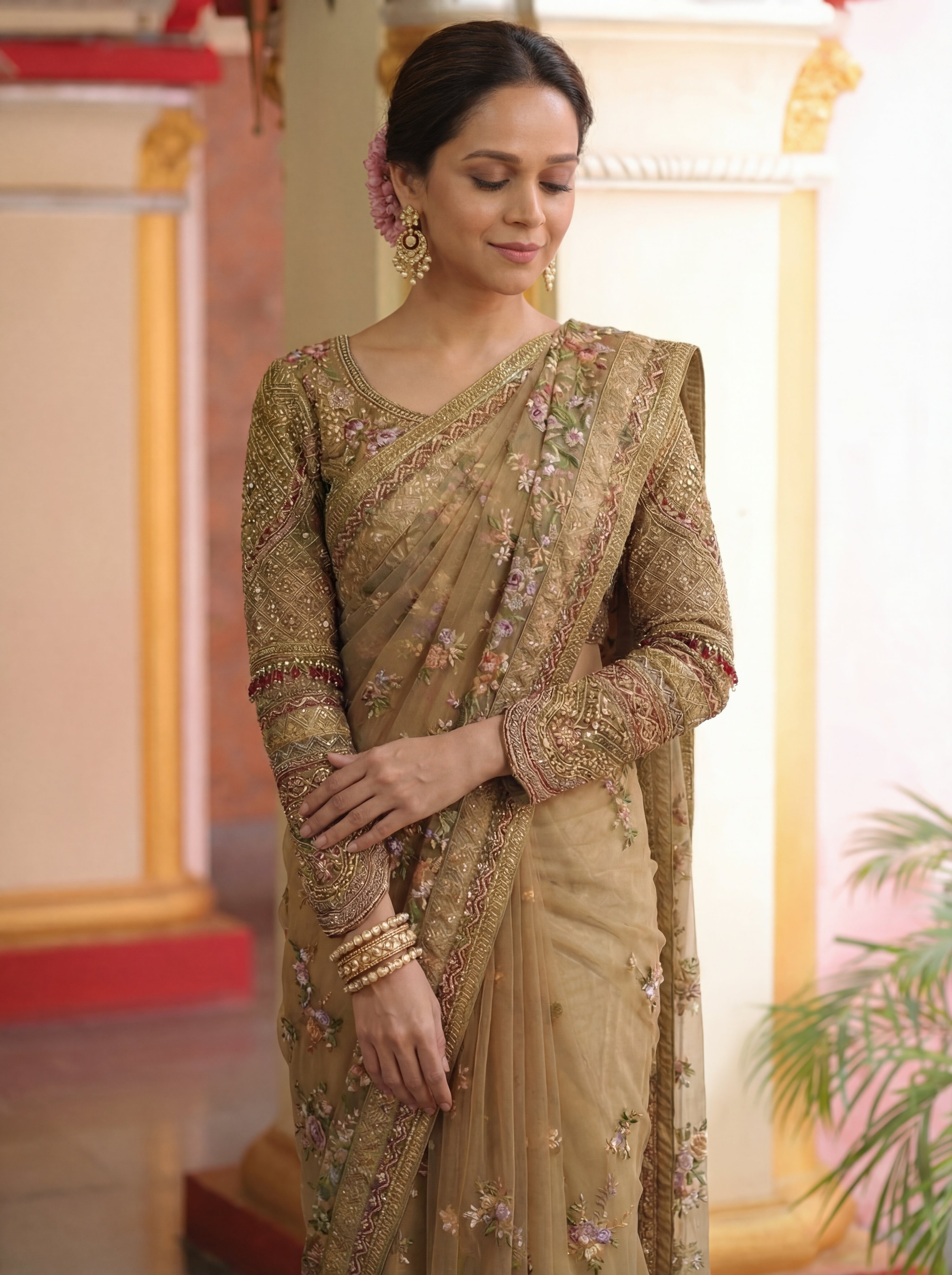 Antique Gold Net Embroidery Sequins Handwork Bridal Saree