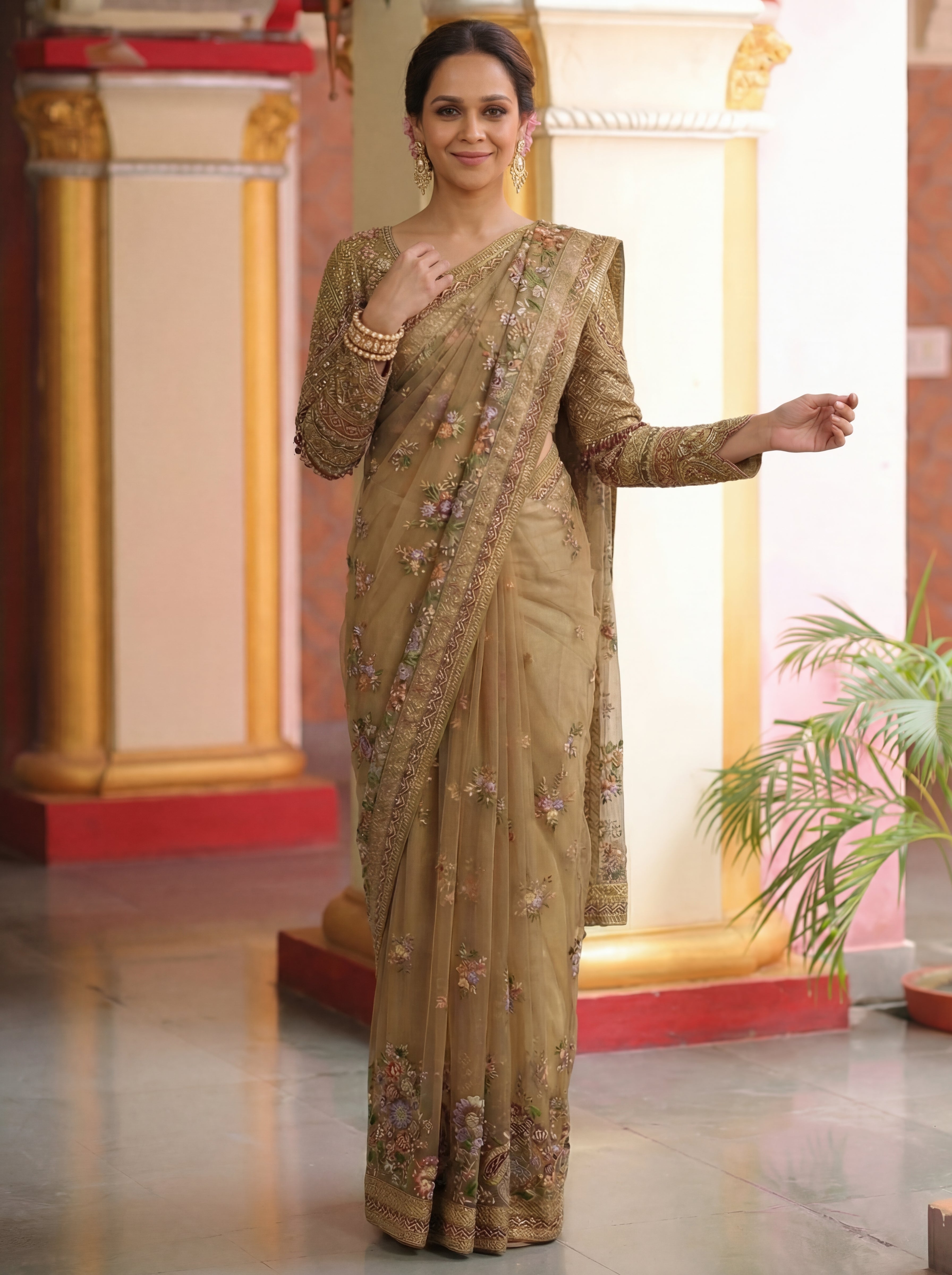 Antique Gold Net Embroidery Sequins Handwork Bridal Saree