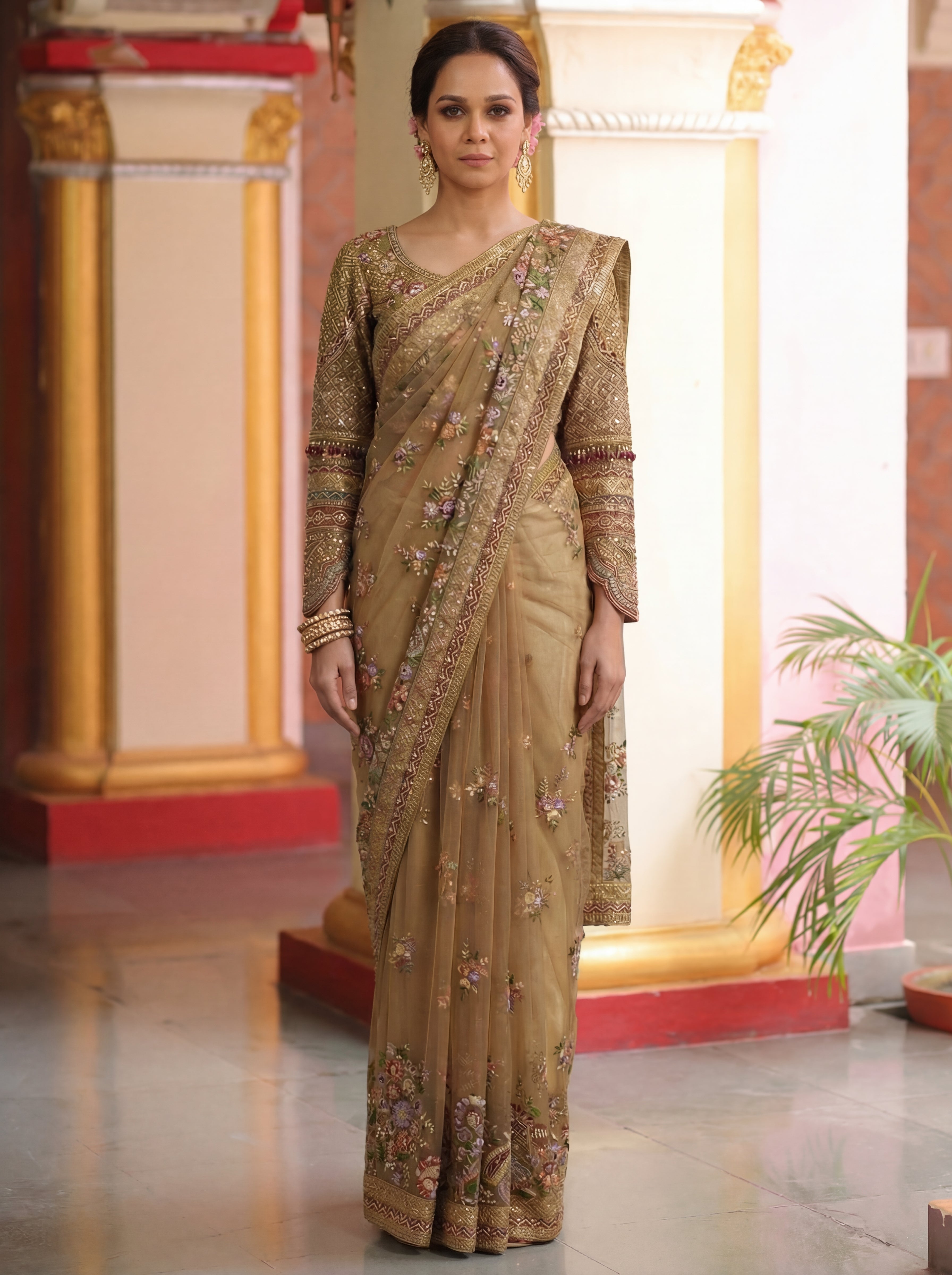 Antique Gold Net Embroidery Sequins Handwork Bridal Saree