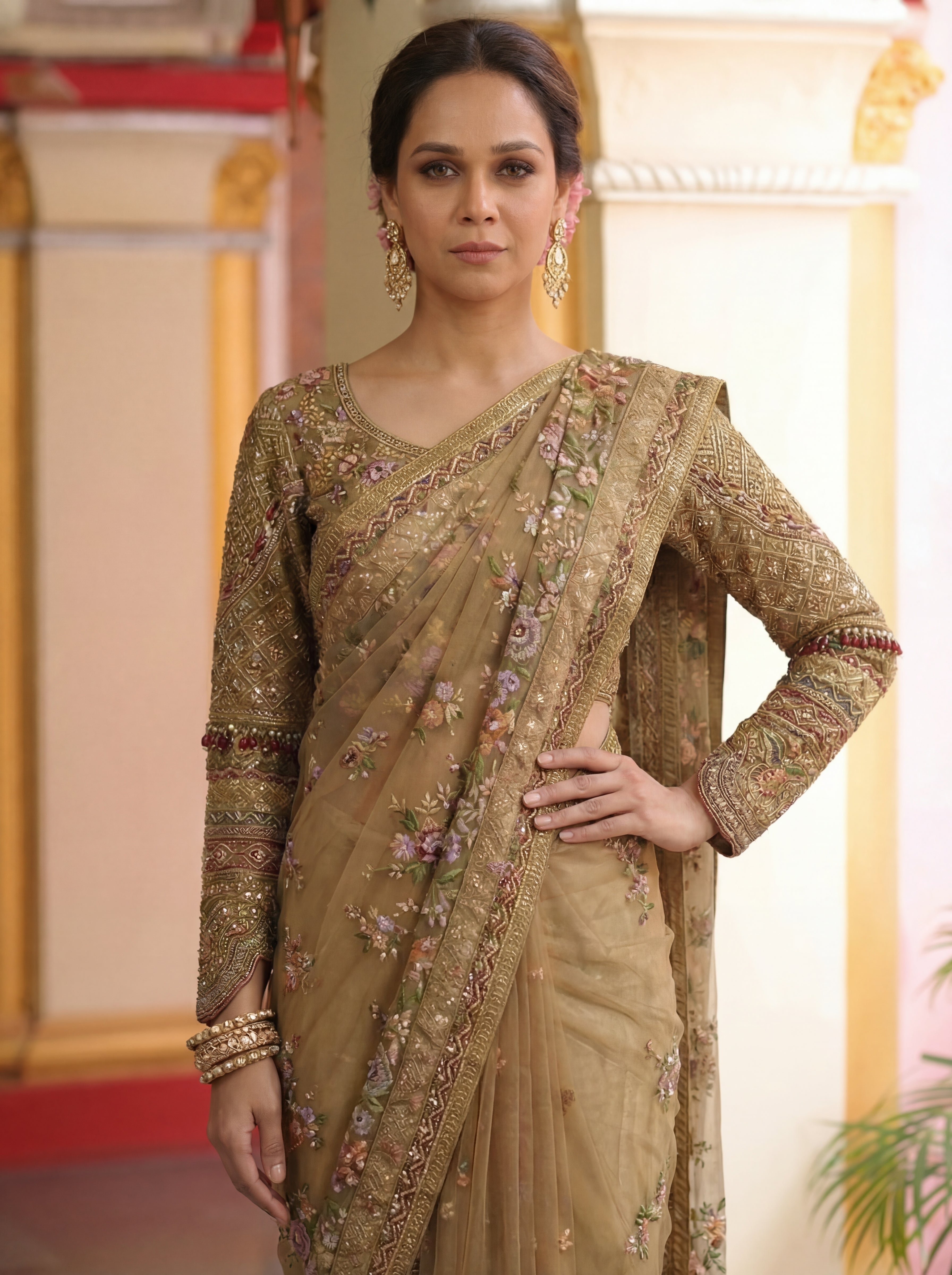 Antique Gold Net Embroidery Sequins Handwork Bridal Saree