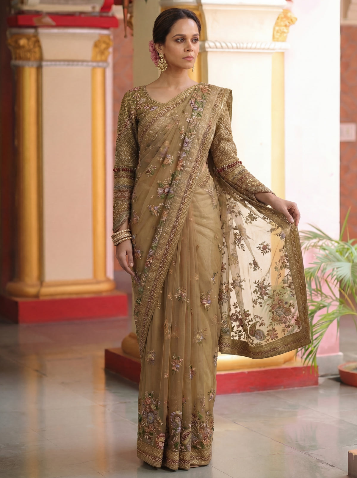 Antique Gold Net Embroidery Sequins Handwork Bridal Saree