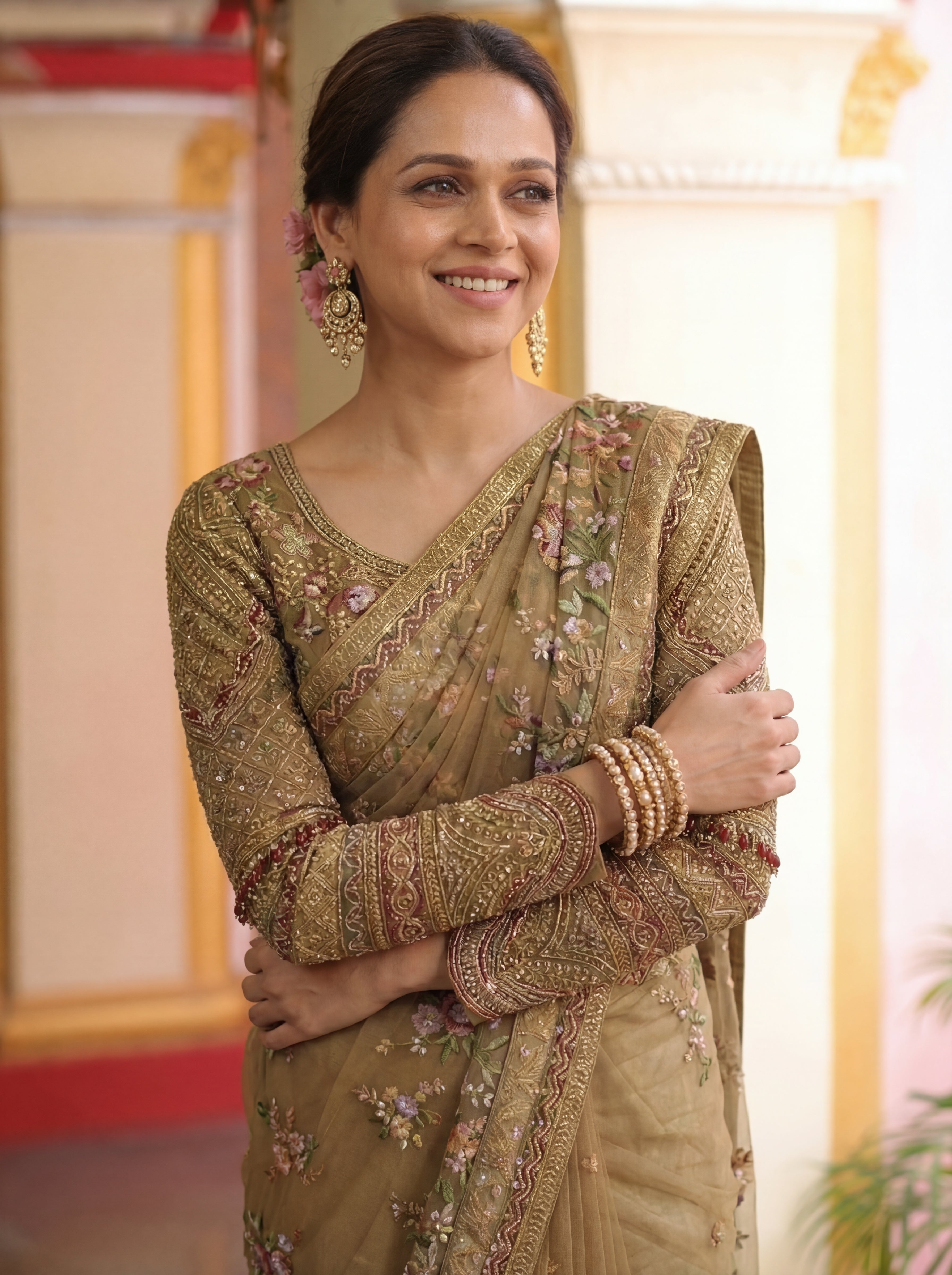 Antique Gold Net Embroidery Sequins Handwork Bridal Saree