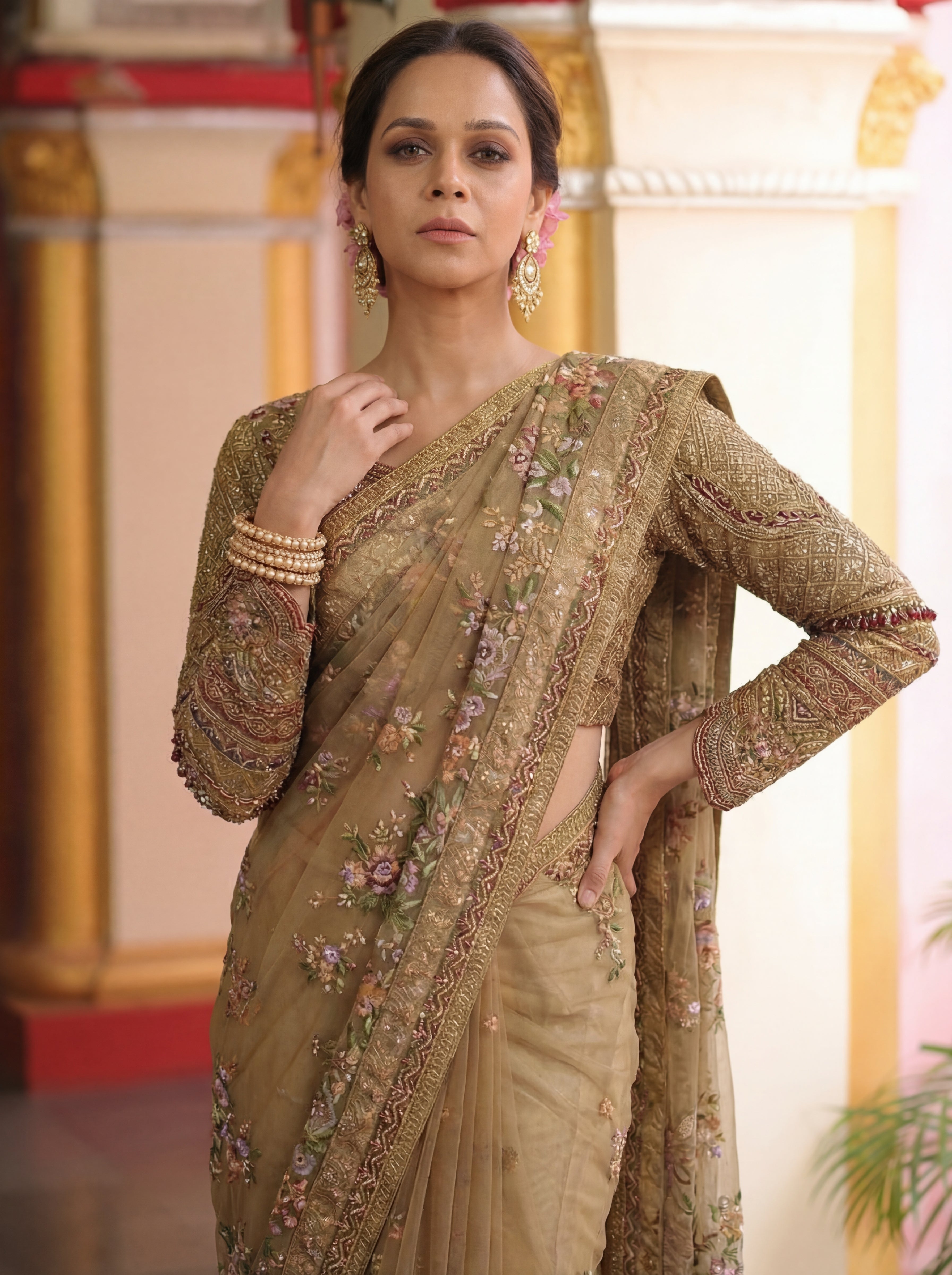 Antique Gold Net Embroidery Sequins Handwork Bridal Saree