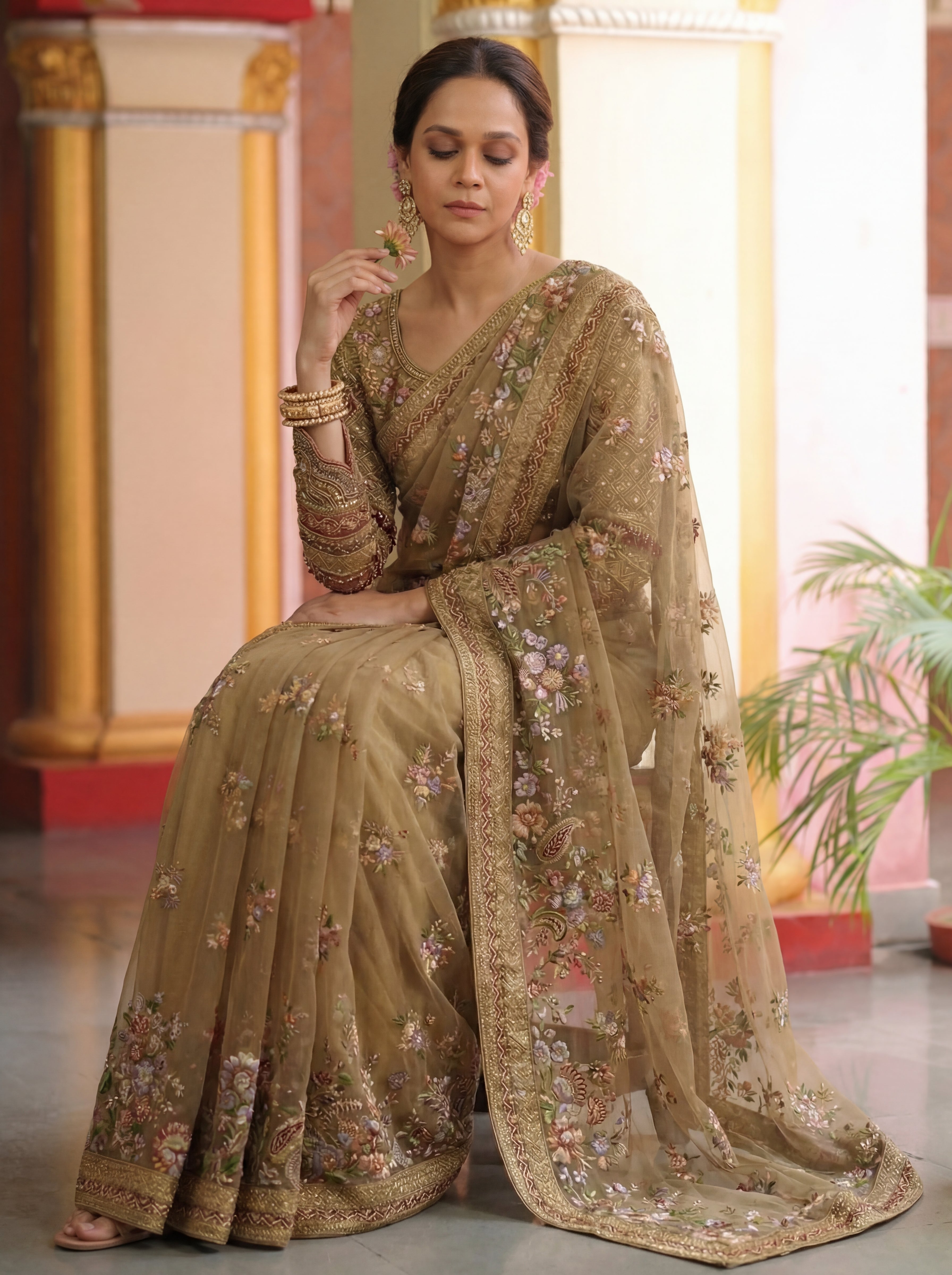 Antique Gold Net Embroidery Sequins Handwork Bridal Saree