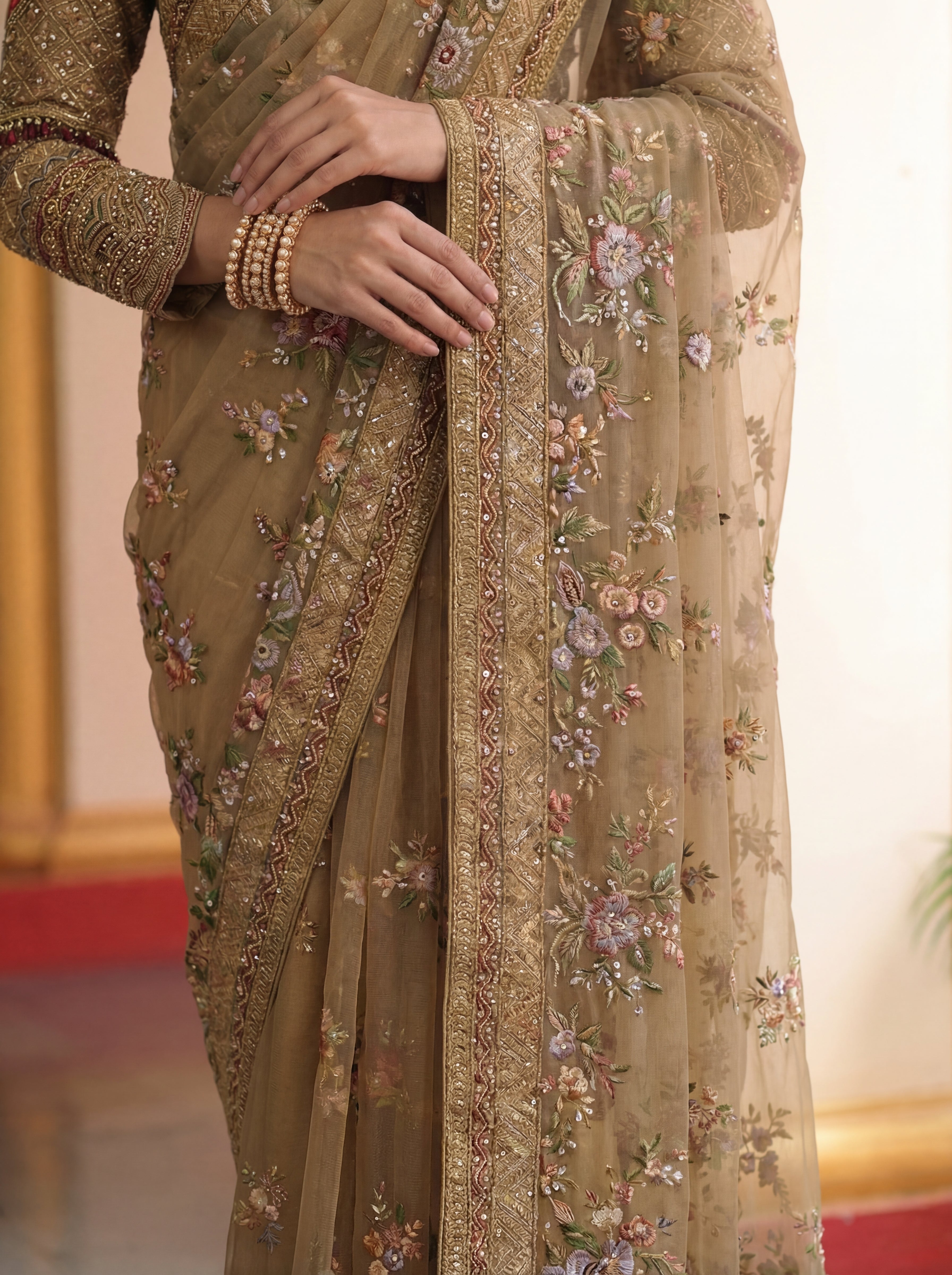 Antique Gold Net Embroidery Sequins Handwork Bridal Saree