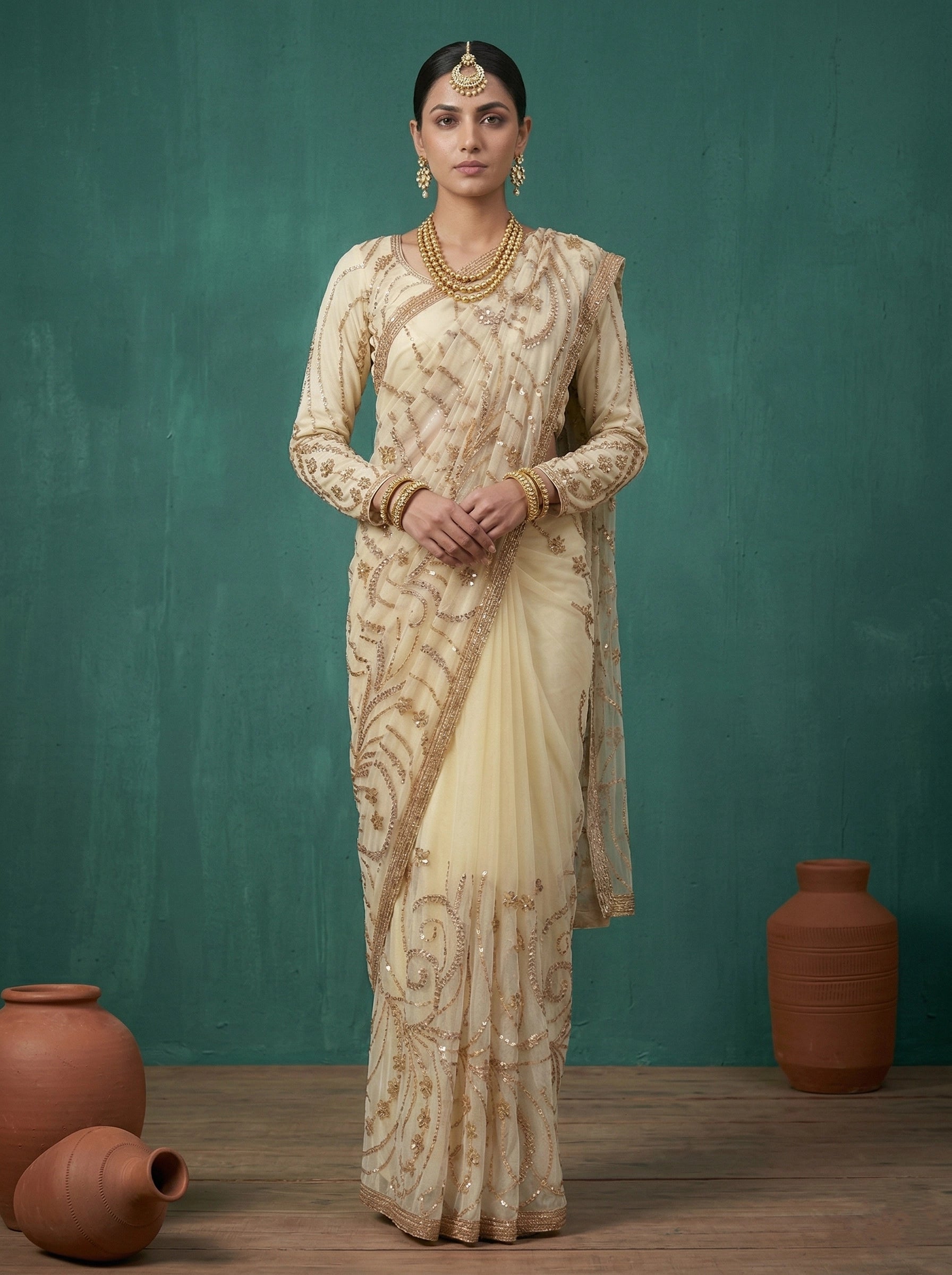 Ivory Cream Fendi Embroidery Sequins Beads Bridal Saree