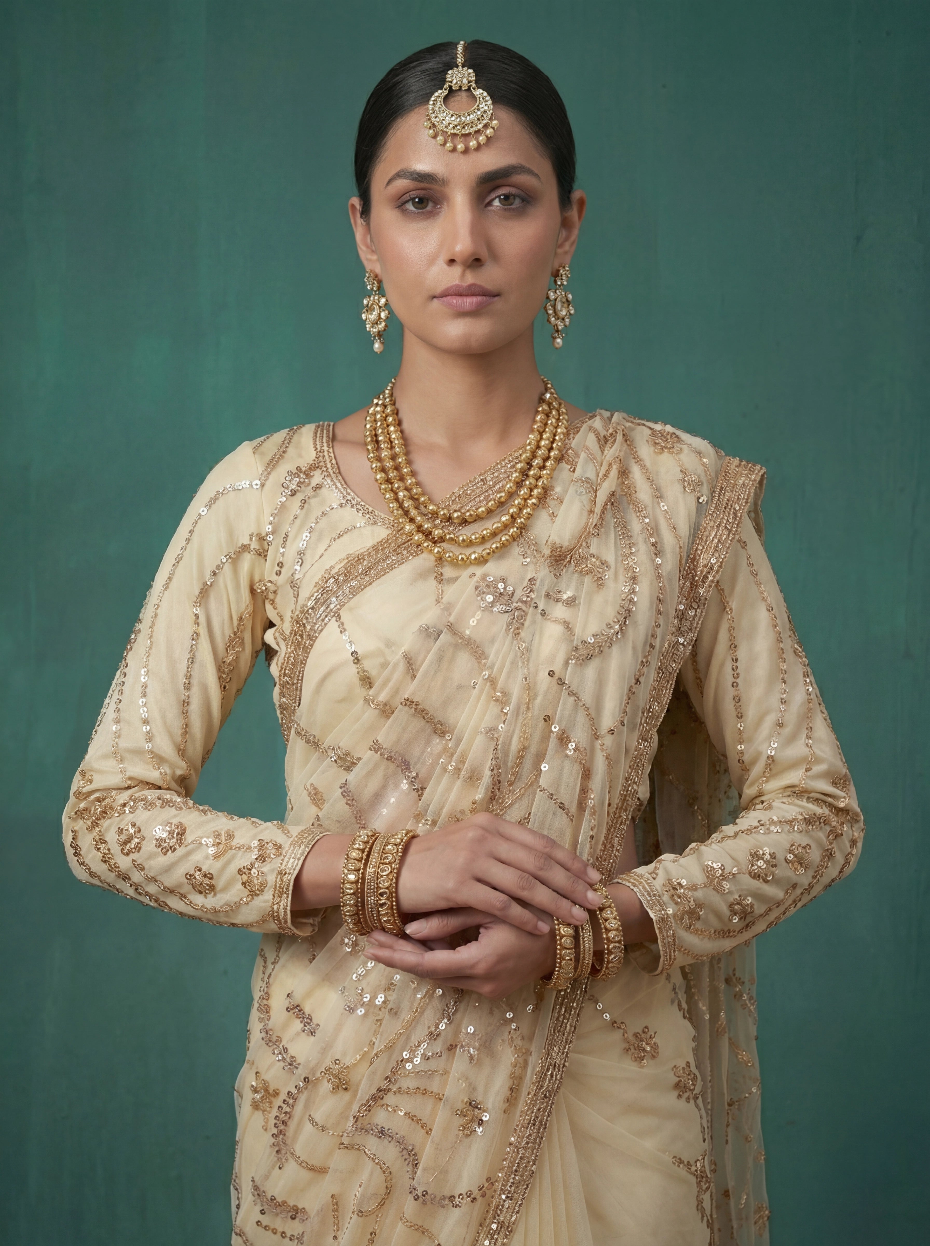 Ivory Cream Fendi Embroidery Sequins Beads Bridal Saree