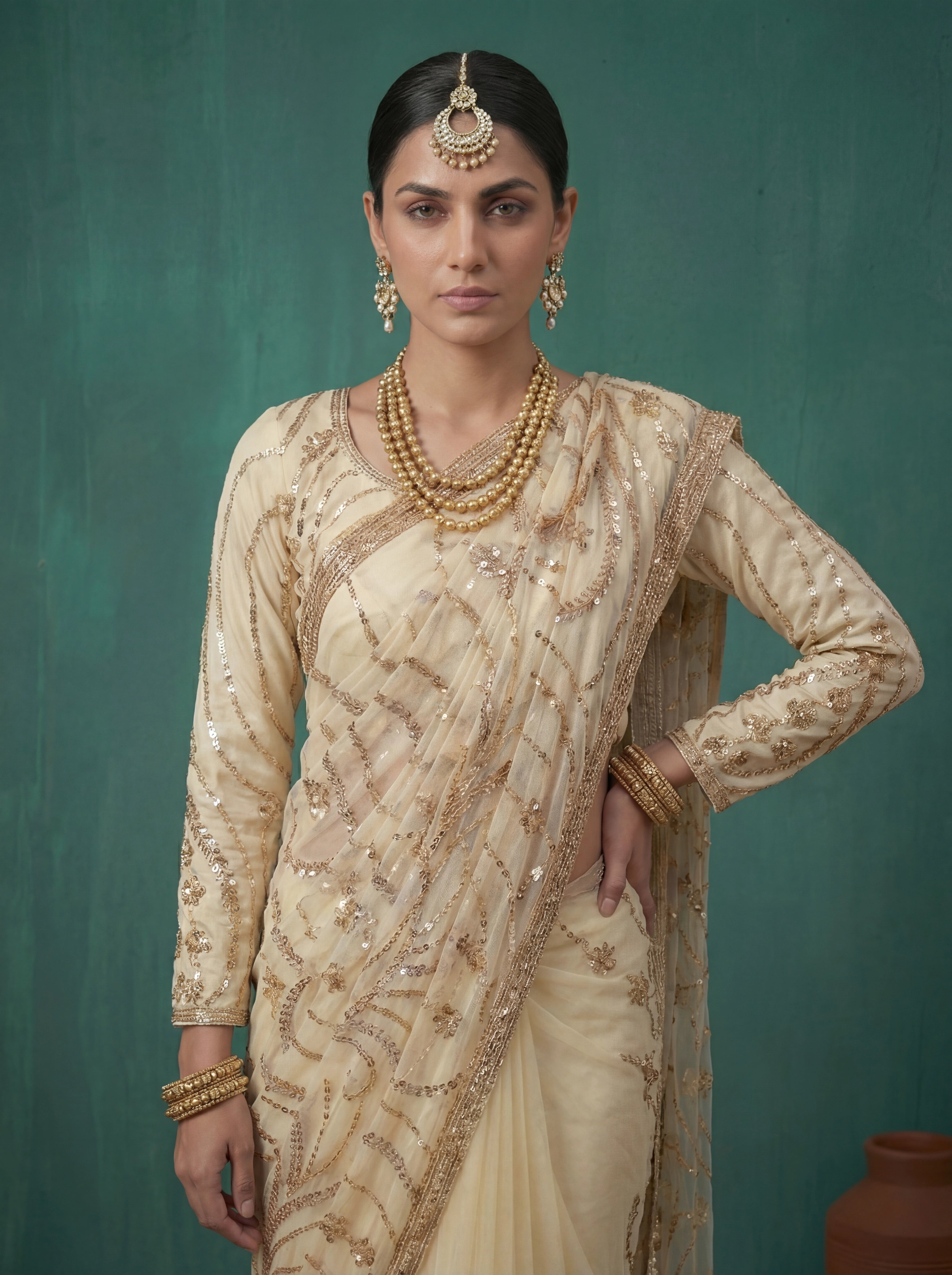 Ivory Cream Fendi Embroidery Sequins Beads Bridal Saree