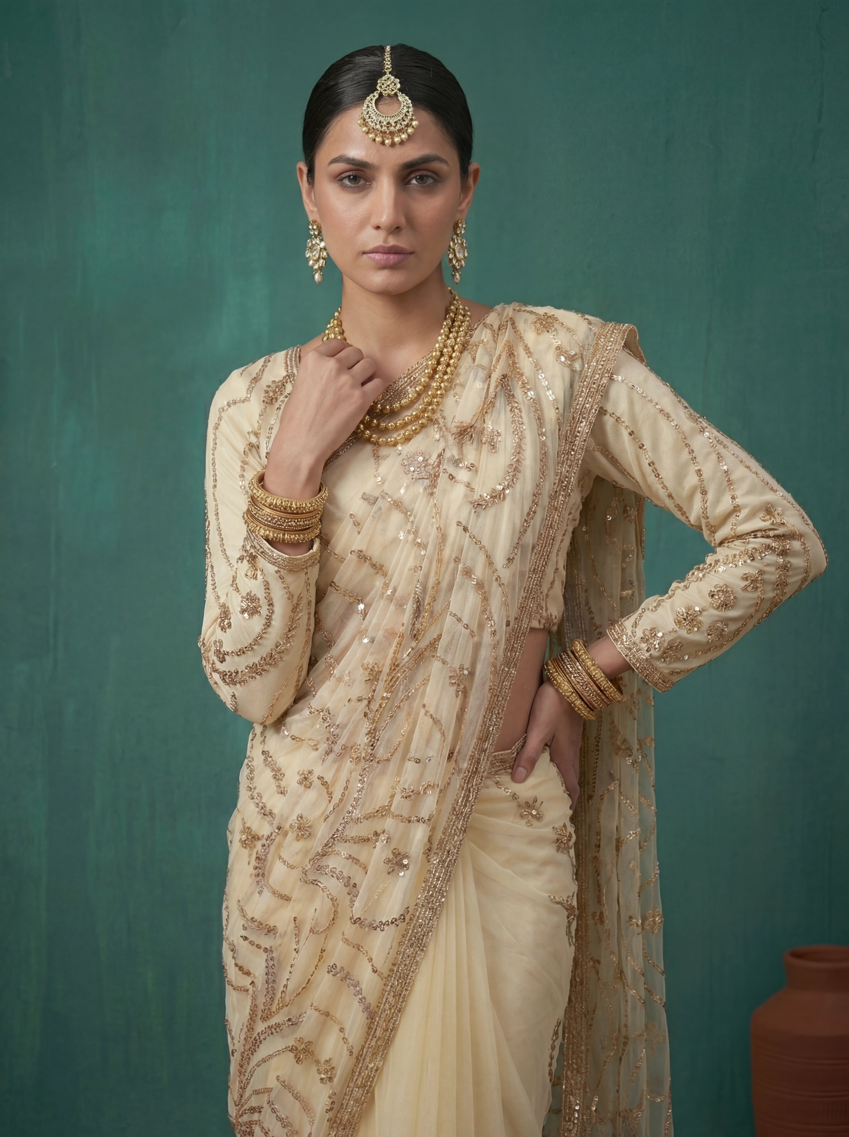 Ivory Cream Fendi Embroidery Sequins Beads Bridal Saree