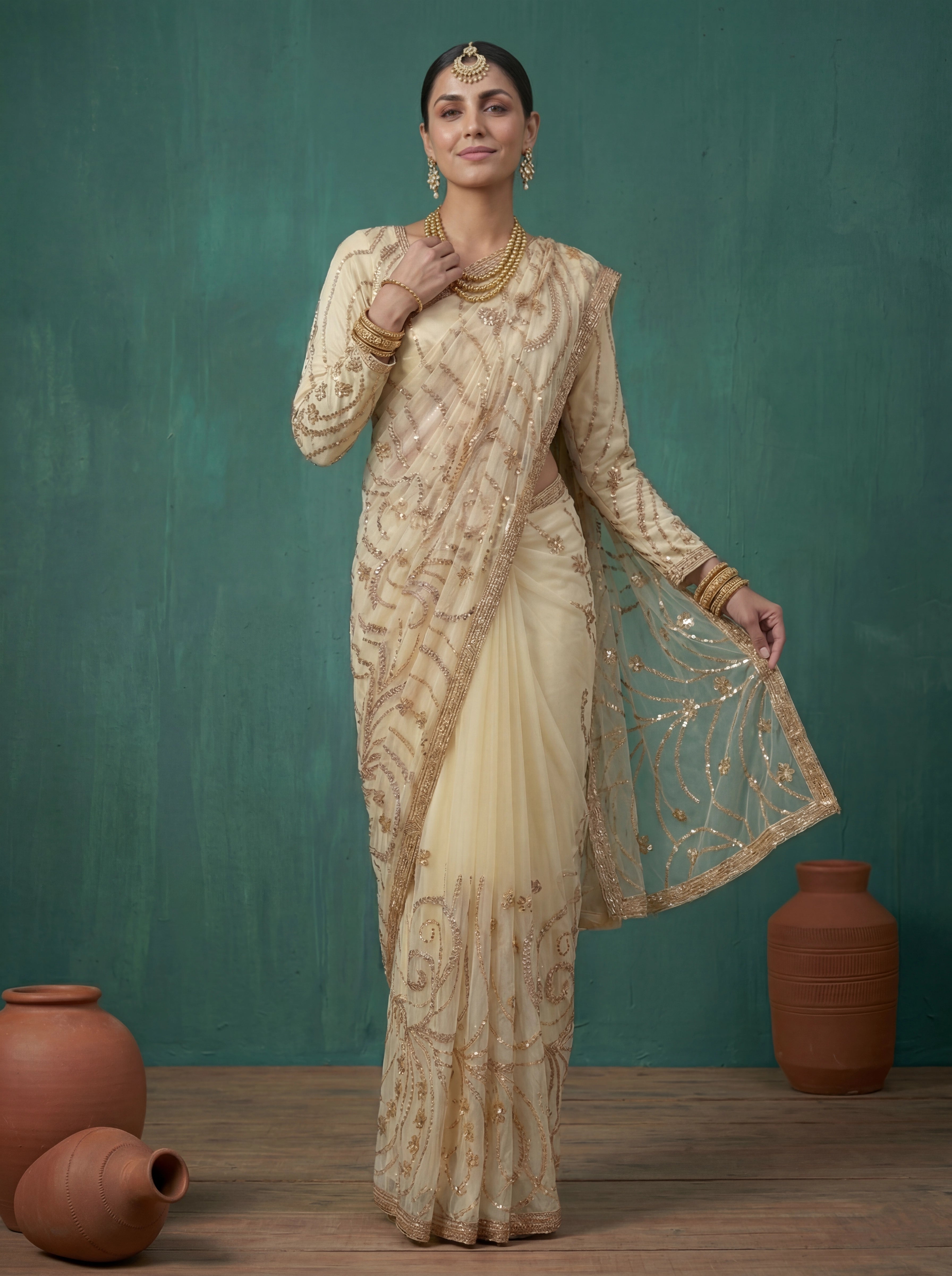 Ivory Cream Fendi Embroidery Sequins Beads Bridal Saree