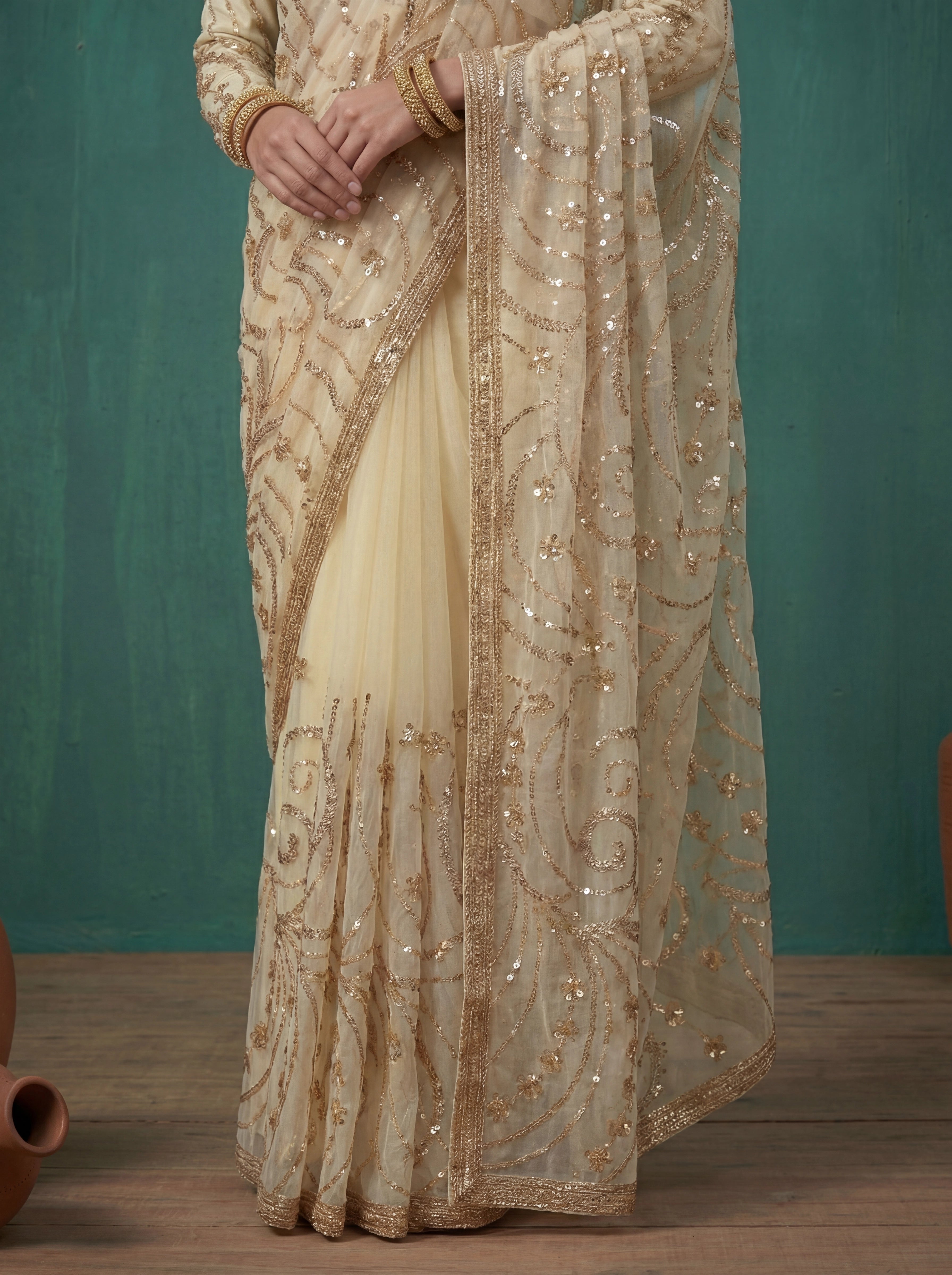 Ivory Cream Fendi Embroidery Sequins Beads Bridal Saree
