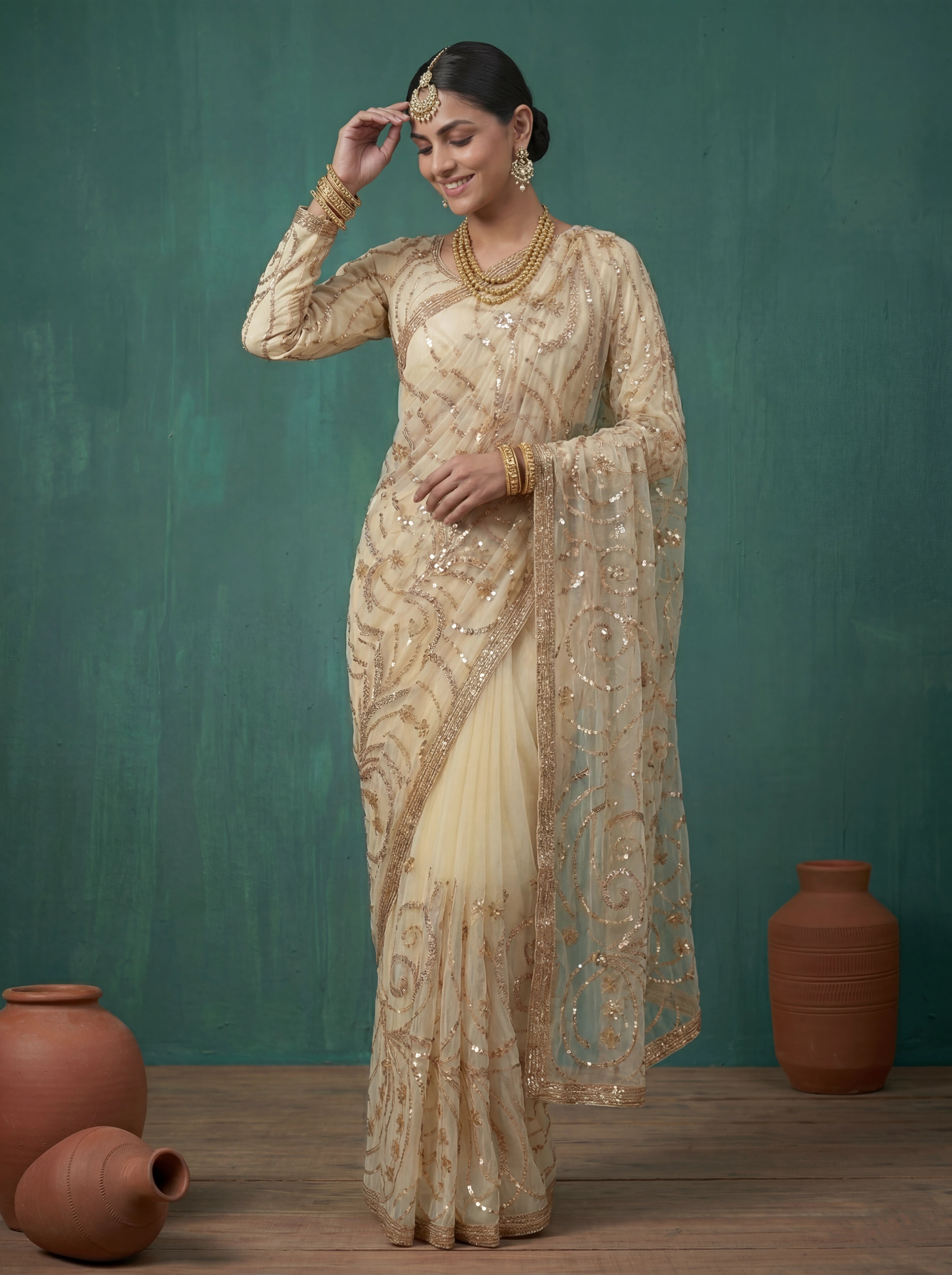 Ivory Cream Fendi Embroidery Sequins Beads Bridal Saree