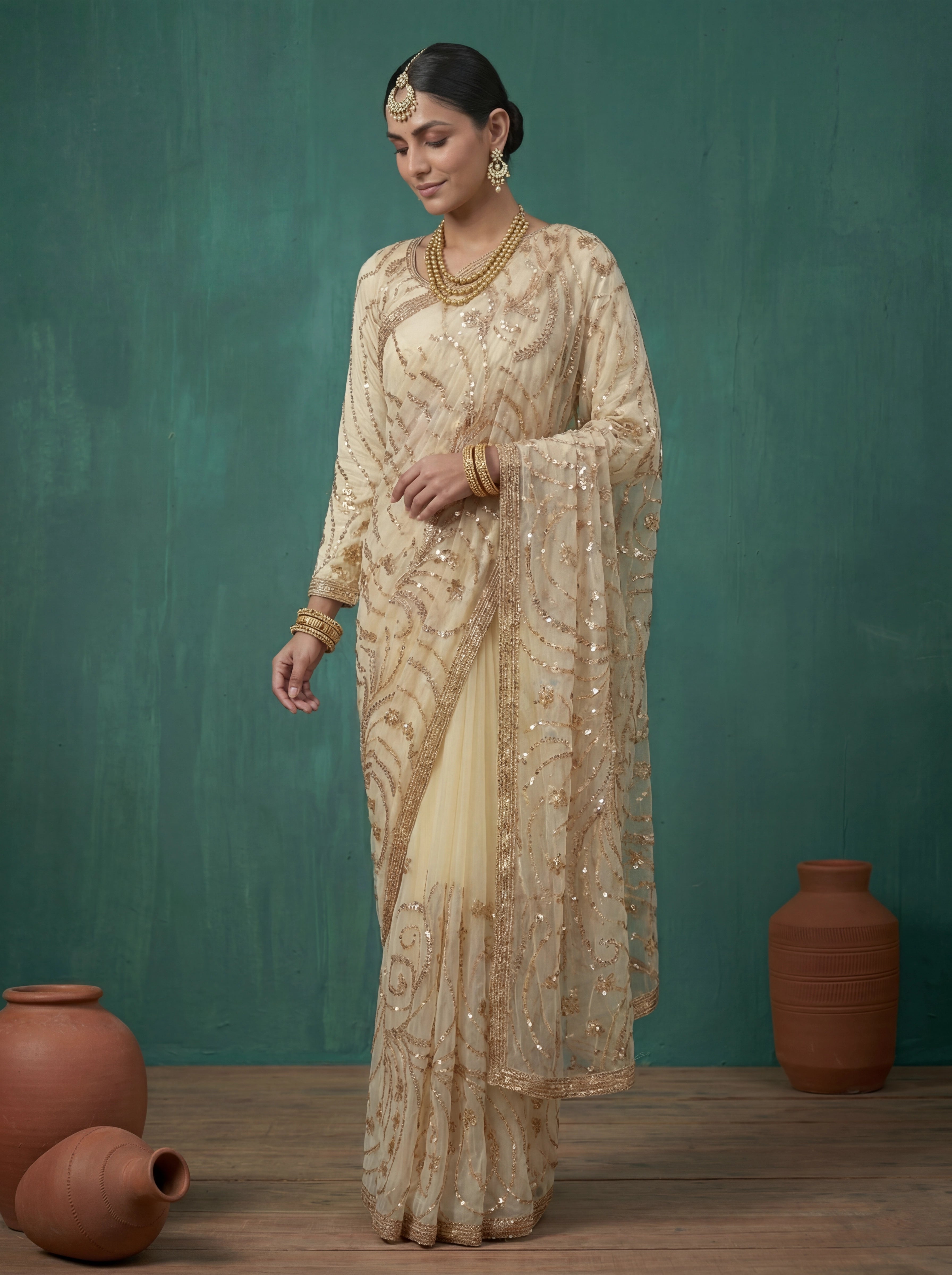 Ivory Cream Fendi Embroidery Sequins Beads Bridal Saree