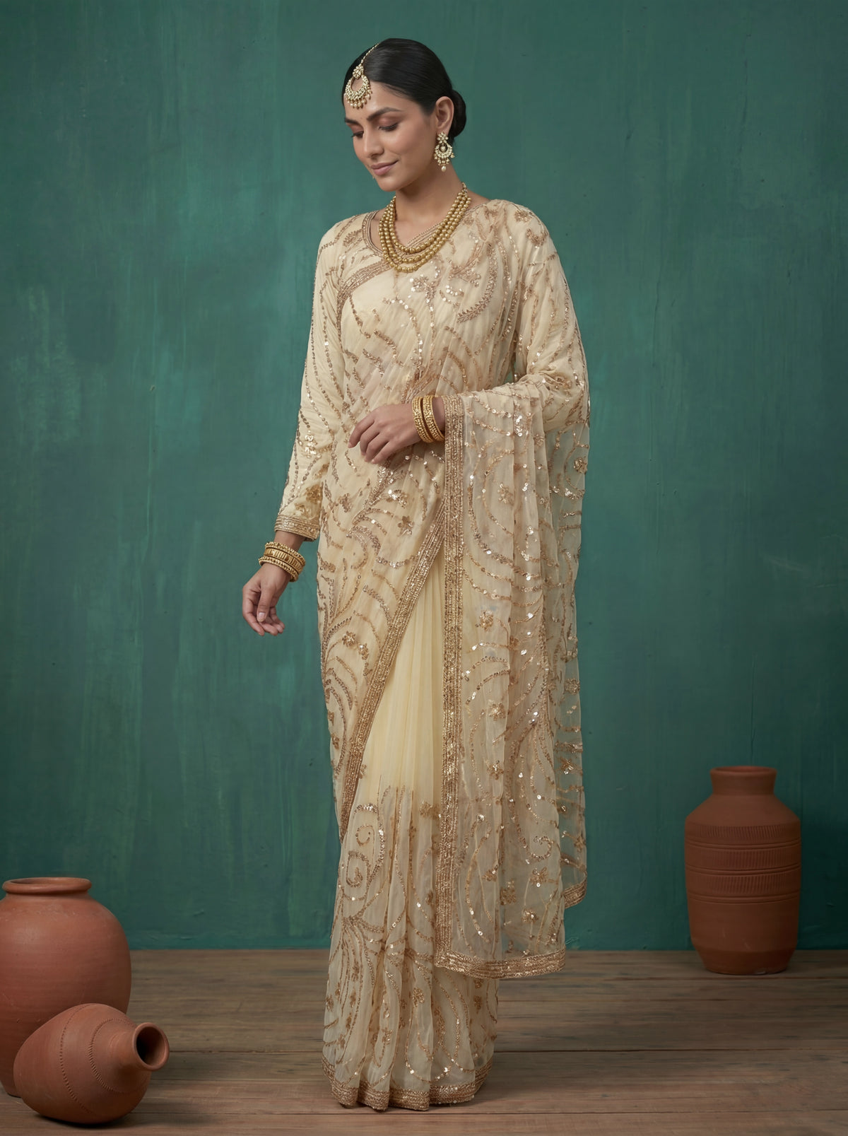 Ivory Cream Fendi Embroidery Sequins Beads Bridal Saree
