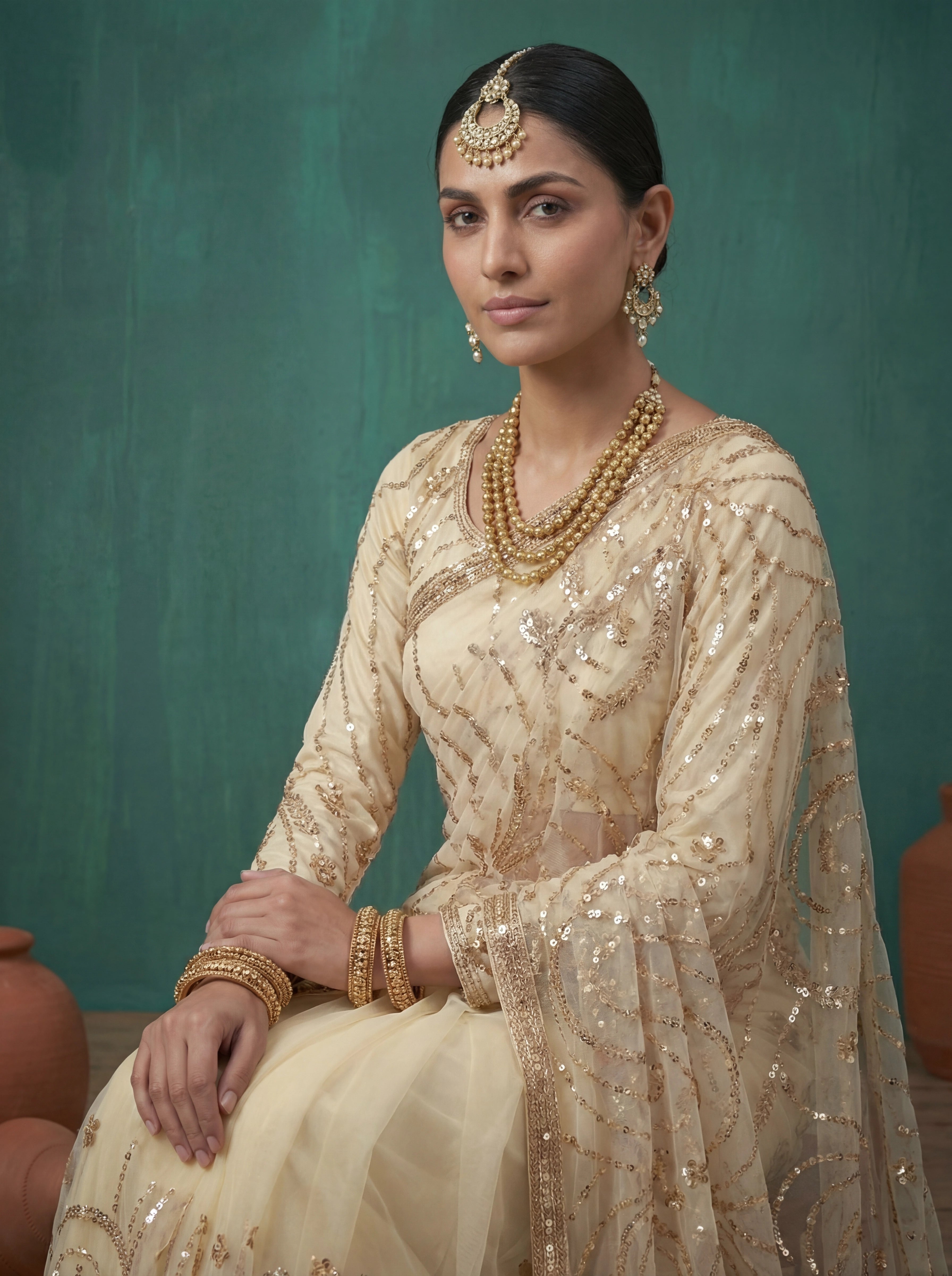 Ivory Cream Fendi Embroidery Sequins Beads Bridal Saree
