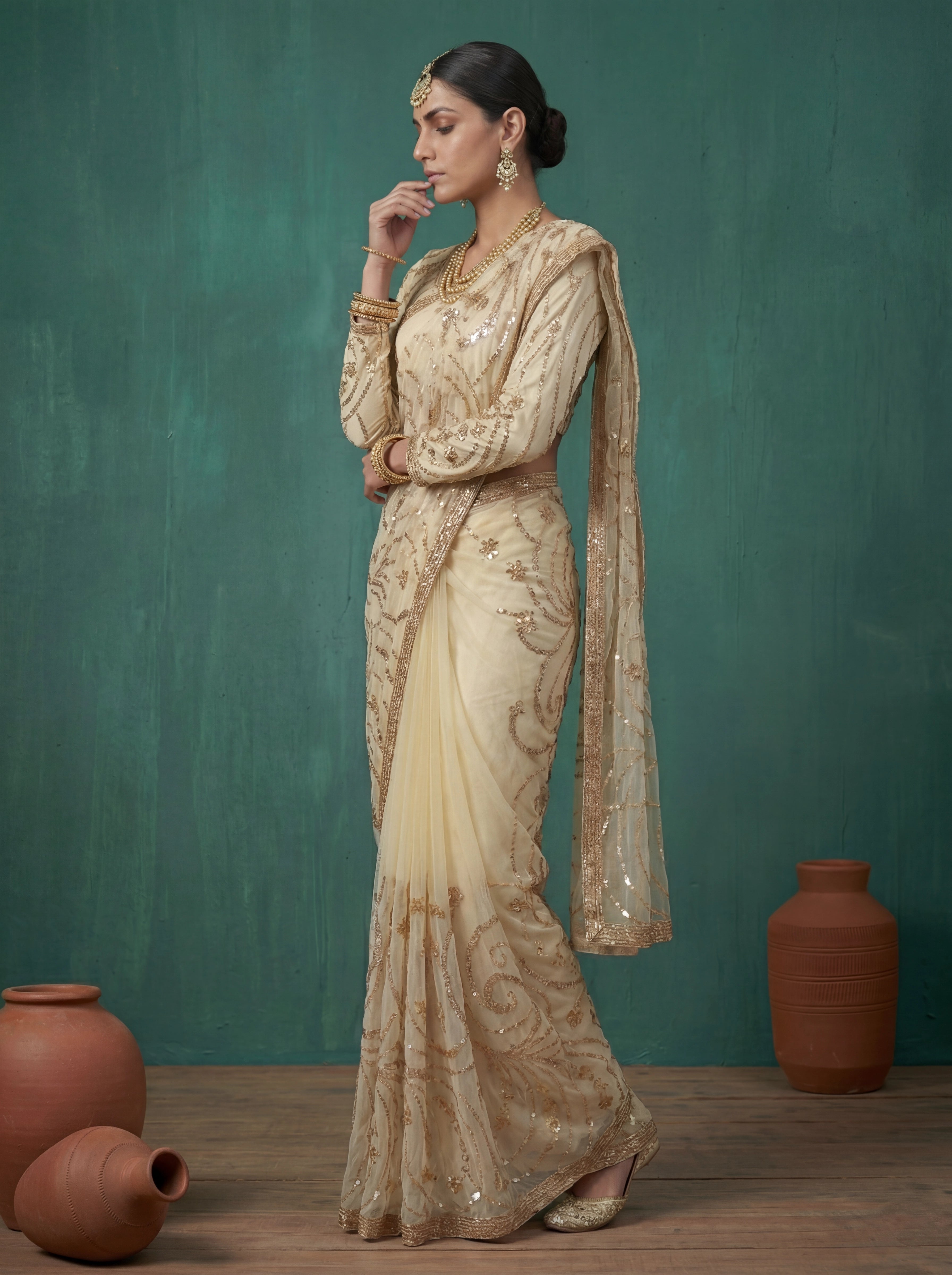 Ivory Cream Fendi Embroidery Sequins Beads Bridal Saree