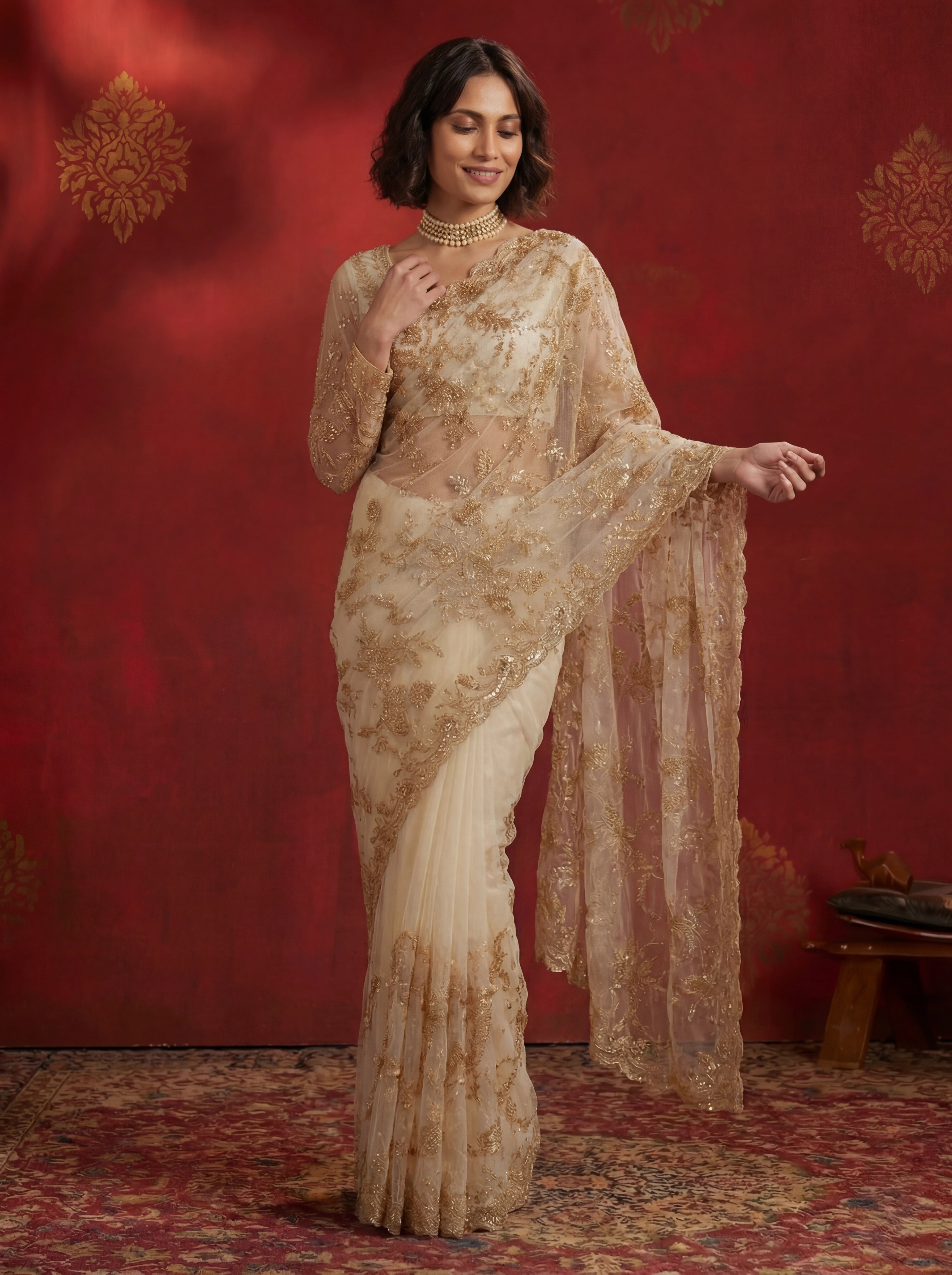 Ivory Gold Net Sequins Embroidery Beads Bridal Saree