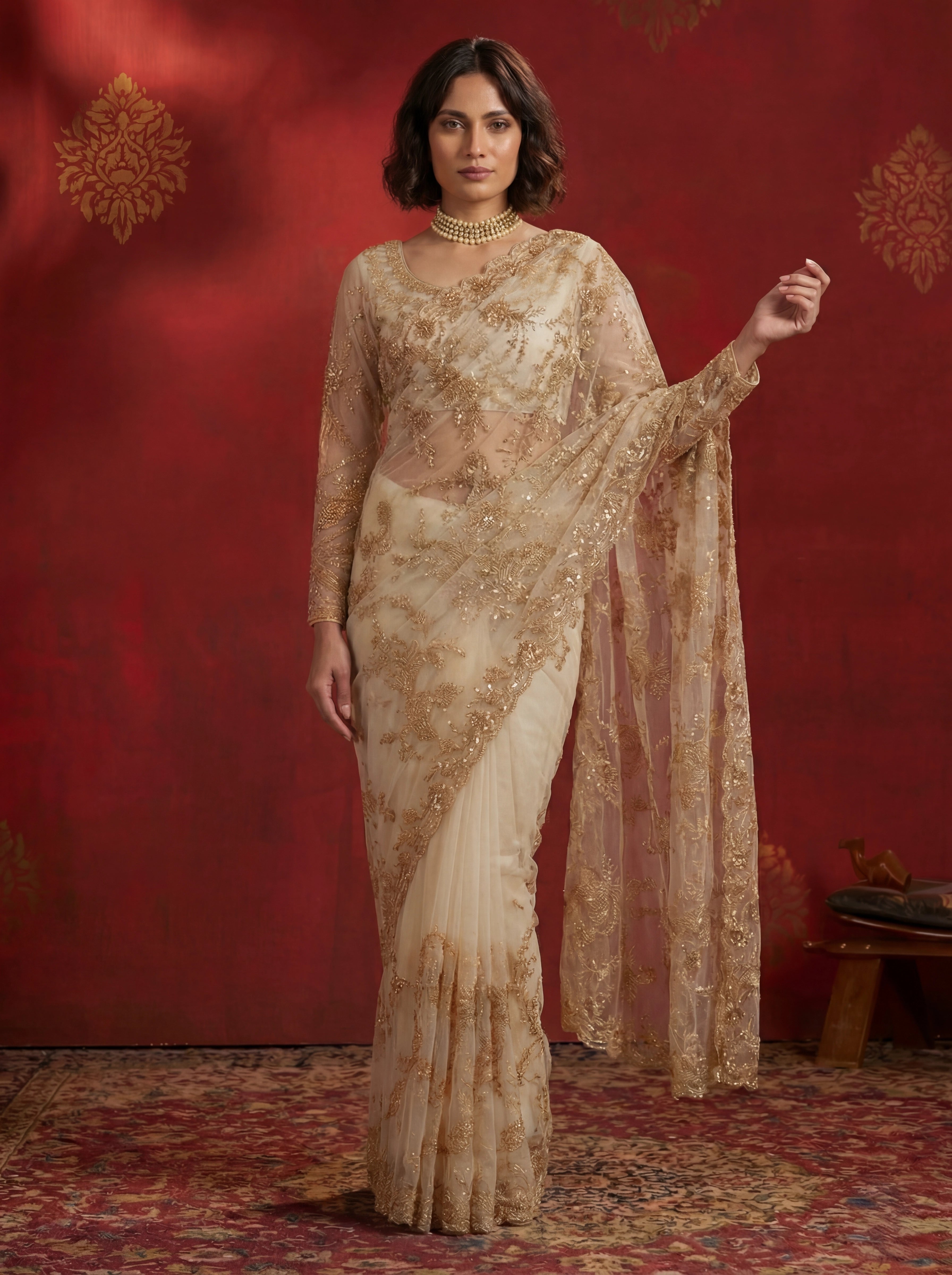 Ivory Gold Net Sequins Embroidery Beads Bridal Saree